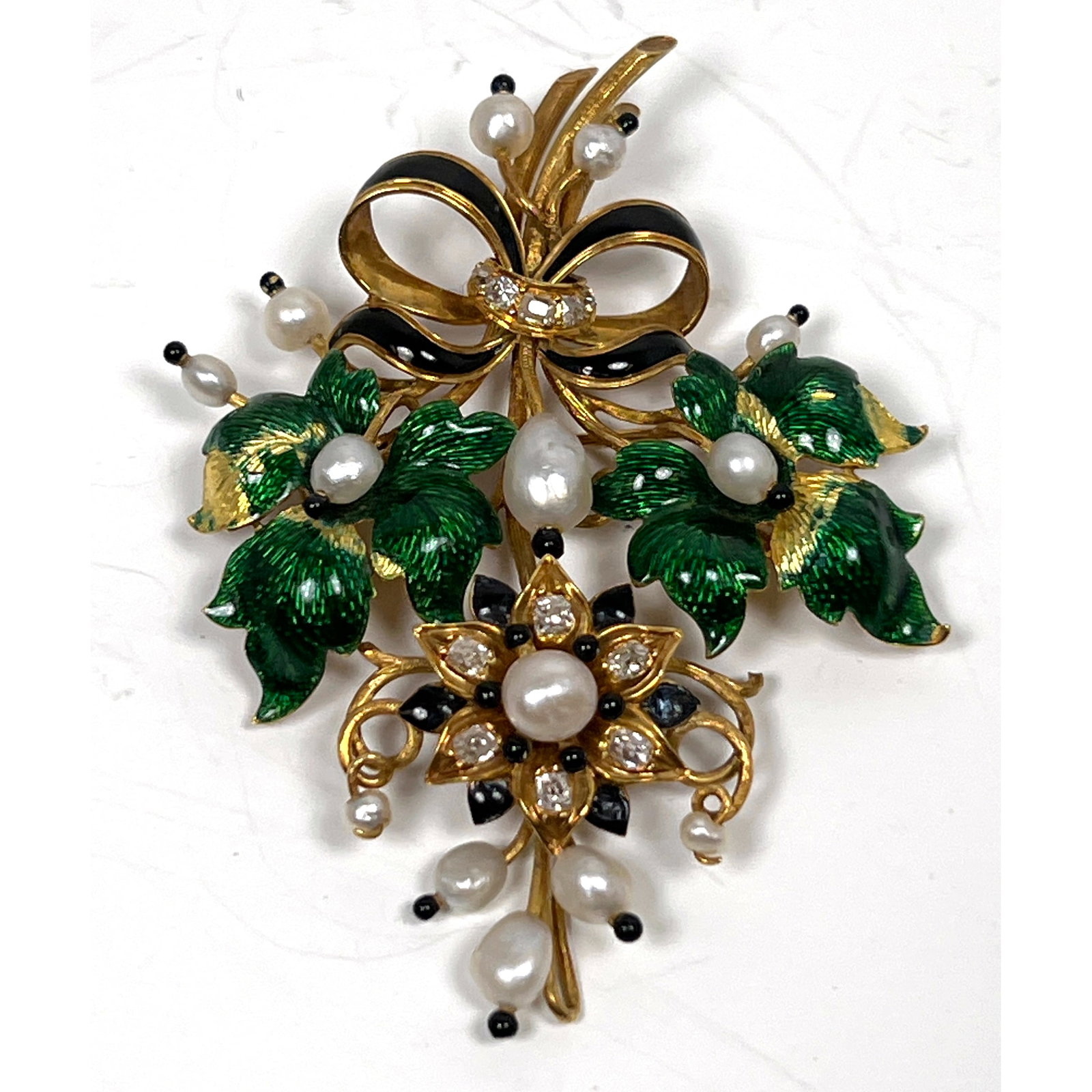 14K Yellow Gold Floral Spray Brooch Pin. Enamel Pearls and Diamonds. Missing some drops known becau (1 of 12)