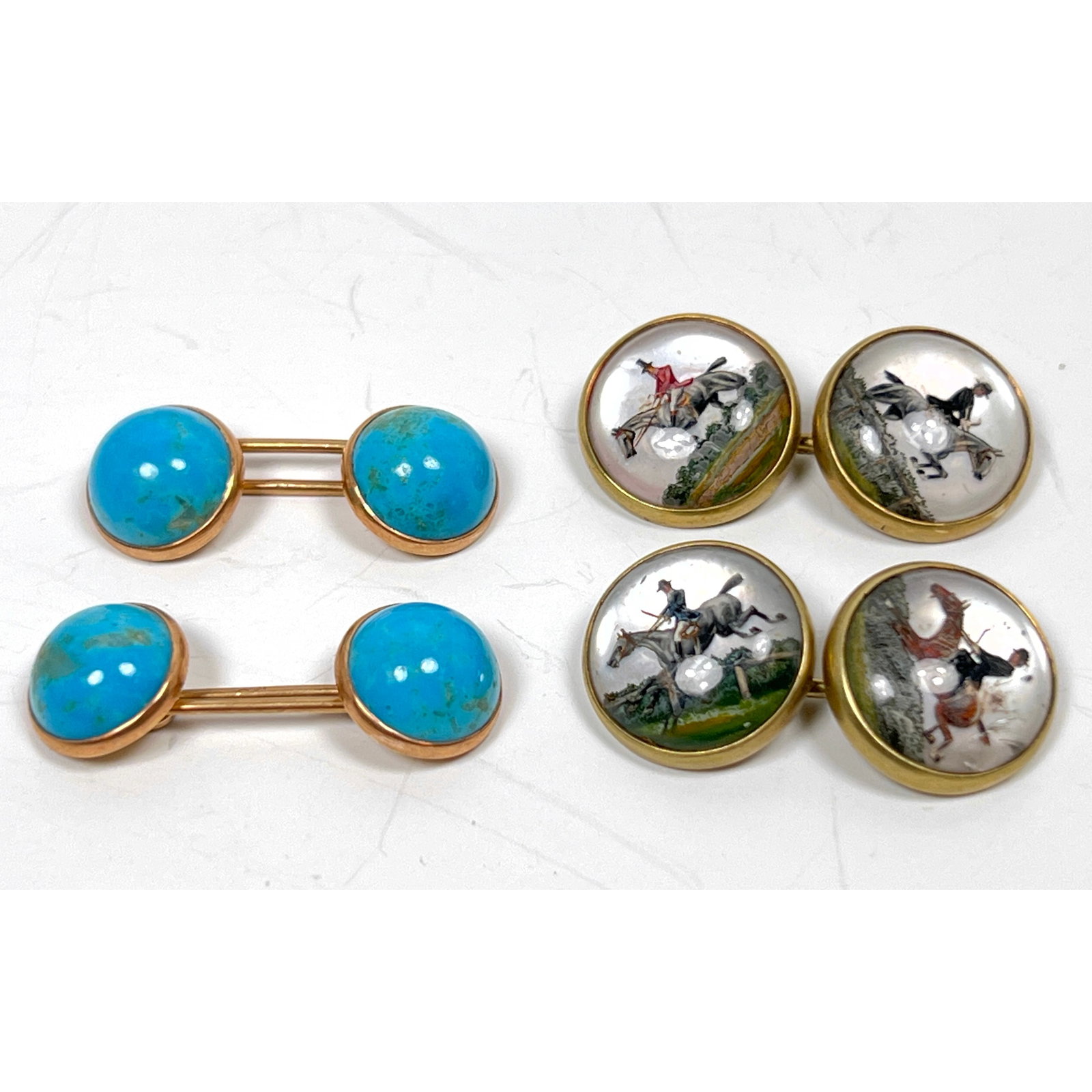 2 pairs of 14K Gold double-sided circular cufflinks. Horseback Intaglio, and Turquoise.: 2 pairs of 14K Gold double-sided circular cufflinks. Horseback Intaglio, and Turquoise. Dimensions: Height: .5 inches, Width: 1 inches, Depth: .5 inches. Weight: 12.3 DWT --- US Packing and Shipping c