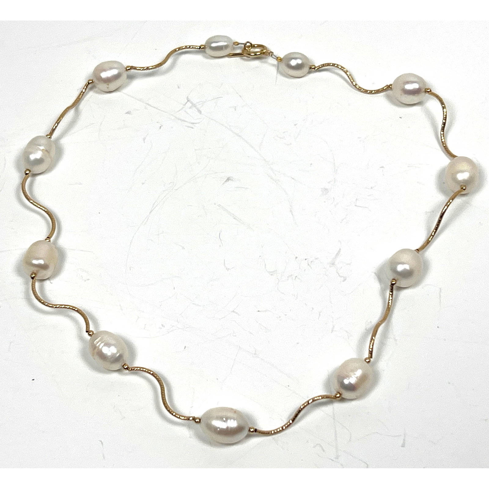 14K Gold Station style Baroque Pearl Necklace. Freshwater Pearls spaced between Textured S curved Ye (1 of 8)