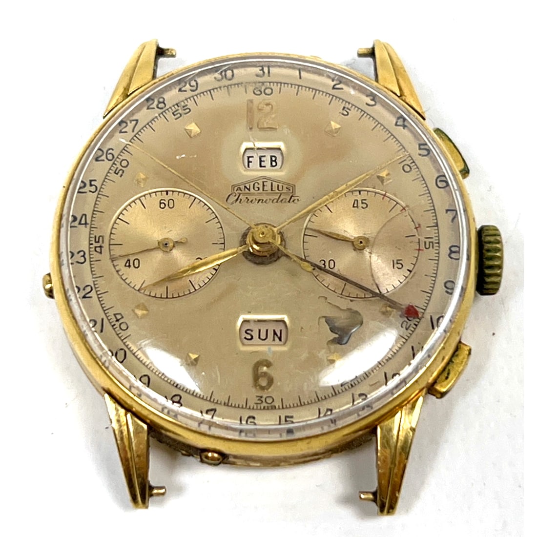Vintage 18K Gold Wrist Watch. Angelus Chronodato triple calendar chronograph, a notable mid-century (1 of 9)
