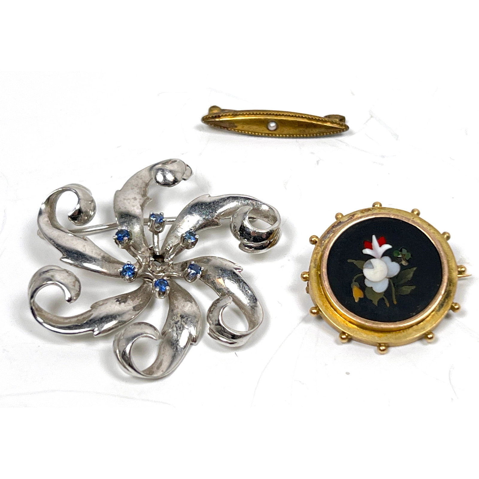 Grouping of 14K Gold Jewelry. Pietra Dura pin, Small bar pin, swirl brooch. (1 of 11)