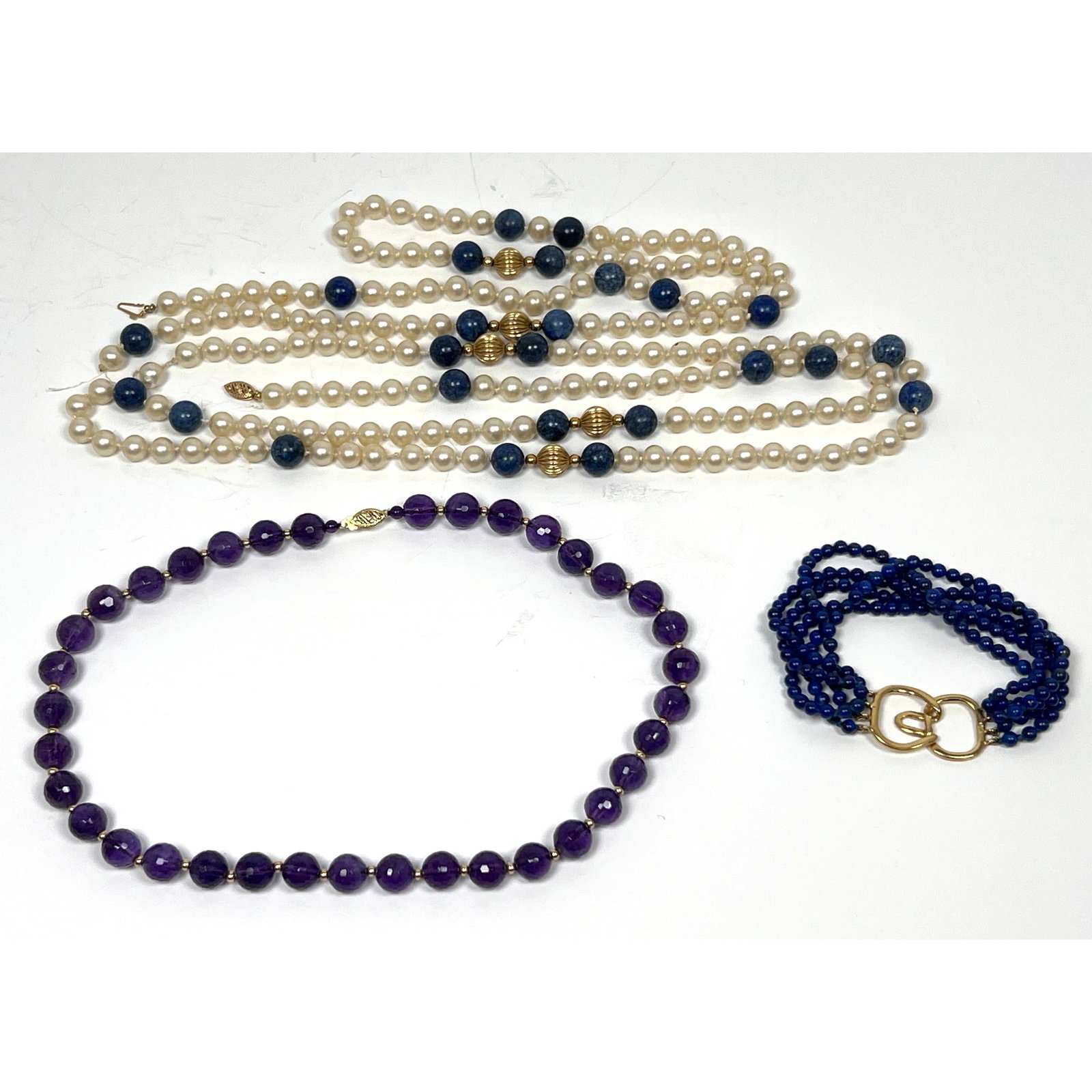 3pcs 14K Gold and Bead Jewelry. 2 Necklaces and Bracelet. Blue bracelet 7.5, 64 inch long broken nec (1 of 14)