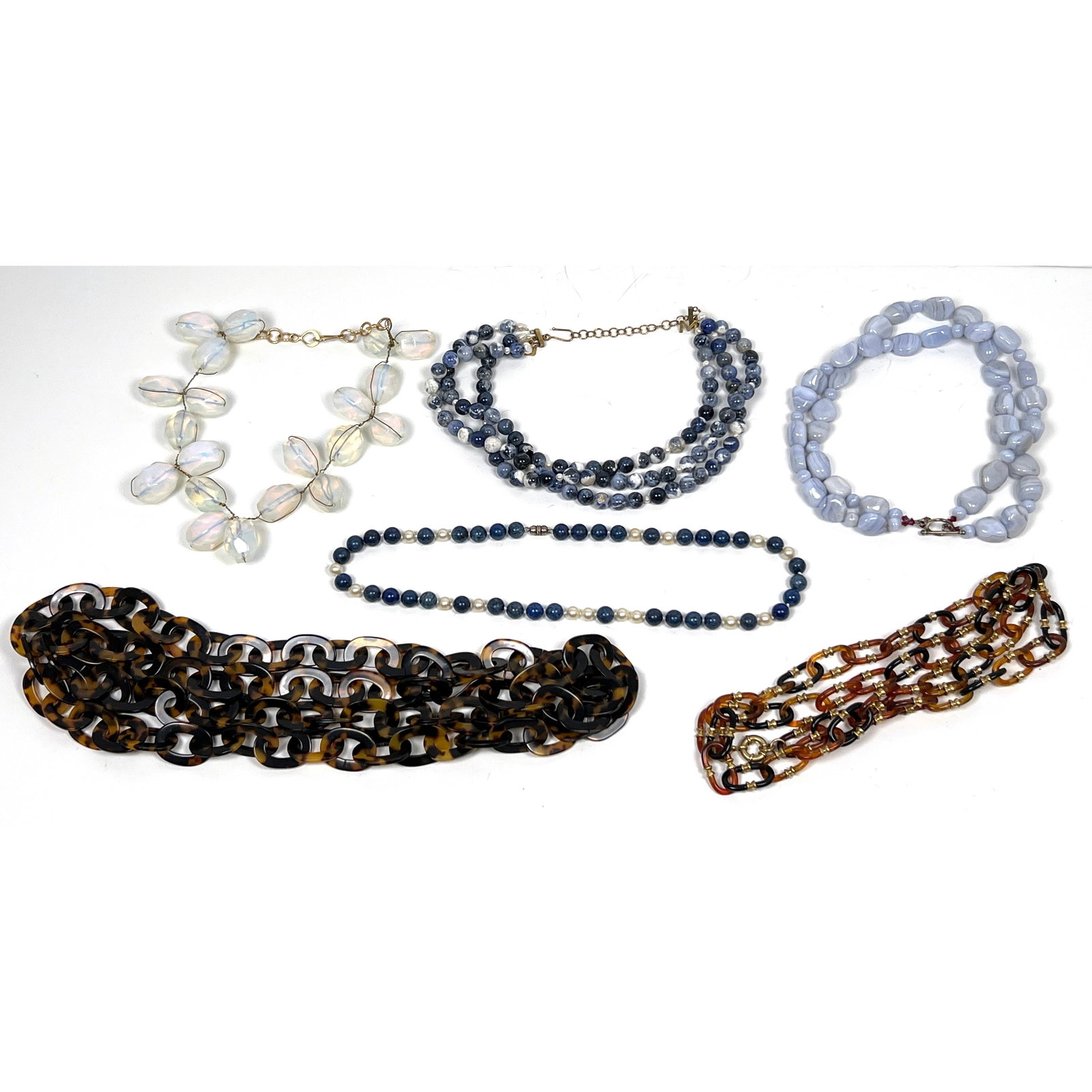 6pcs Costume Necklaces. Sterling and blue stones, Moonstone style beads, Chanel style necklace. etc. (1 of 20)