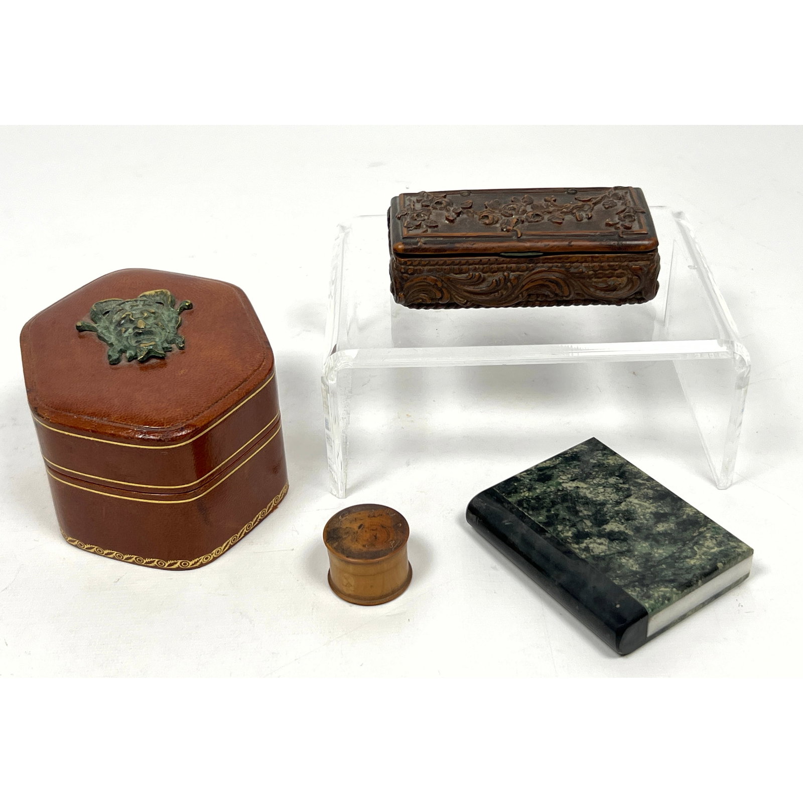 4pcs Vintage Boxes. Carved wood, Dunhill Italy Leather and Metal, Marble book form paperweight, Turn (1 of 19)