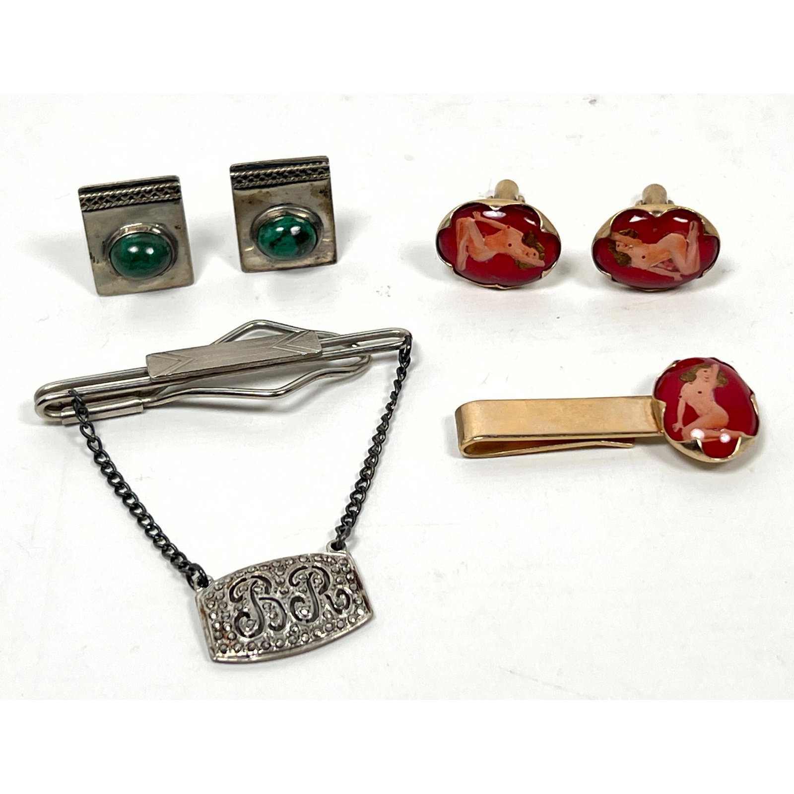 Collection Mens Jewelry: Cuff Links, Tie Bars. Set Nudie Pin Up Gold Tone Cuffs and Tie Bar. 2) Mexi (1 of 15)