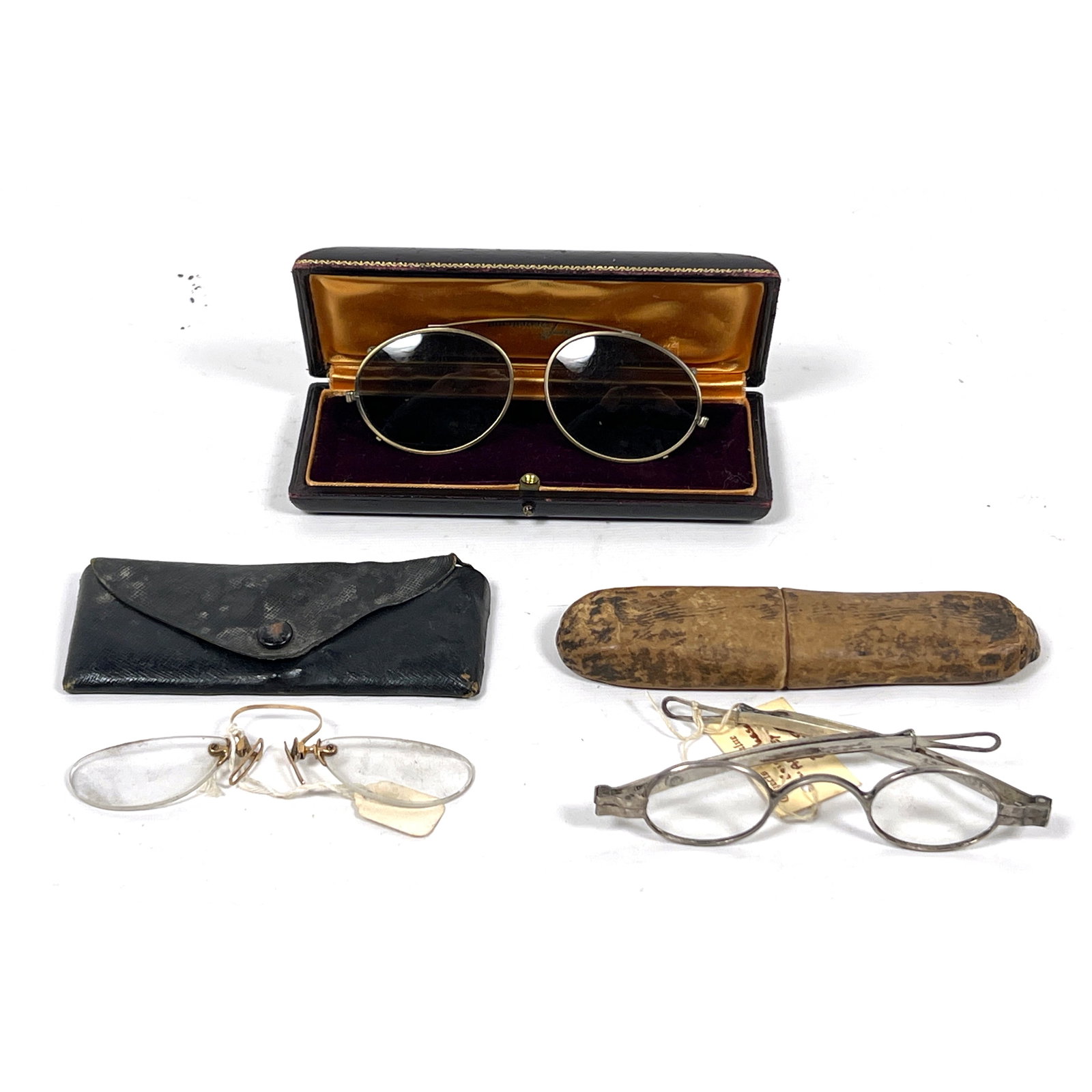 3 Pairs Antique Spectacle Glasses. Retractable Sterling, 14k nose clips, Tinted for attaching.: 3 Pairs Antique Spectacle Glasses. Retractable Sterling, 14k nose clips, Tinted for attaching. Dimensions: Height: 2.25 inches, Width: 6 inches, Depth: .25 inches. --- US Packing and Shipping charge: 