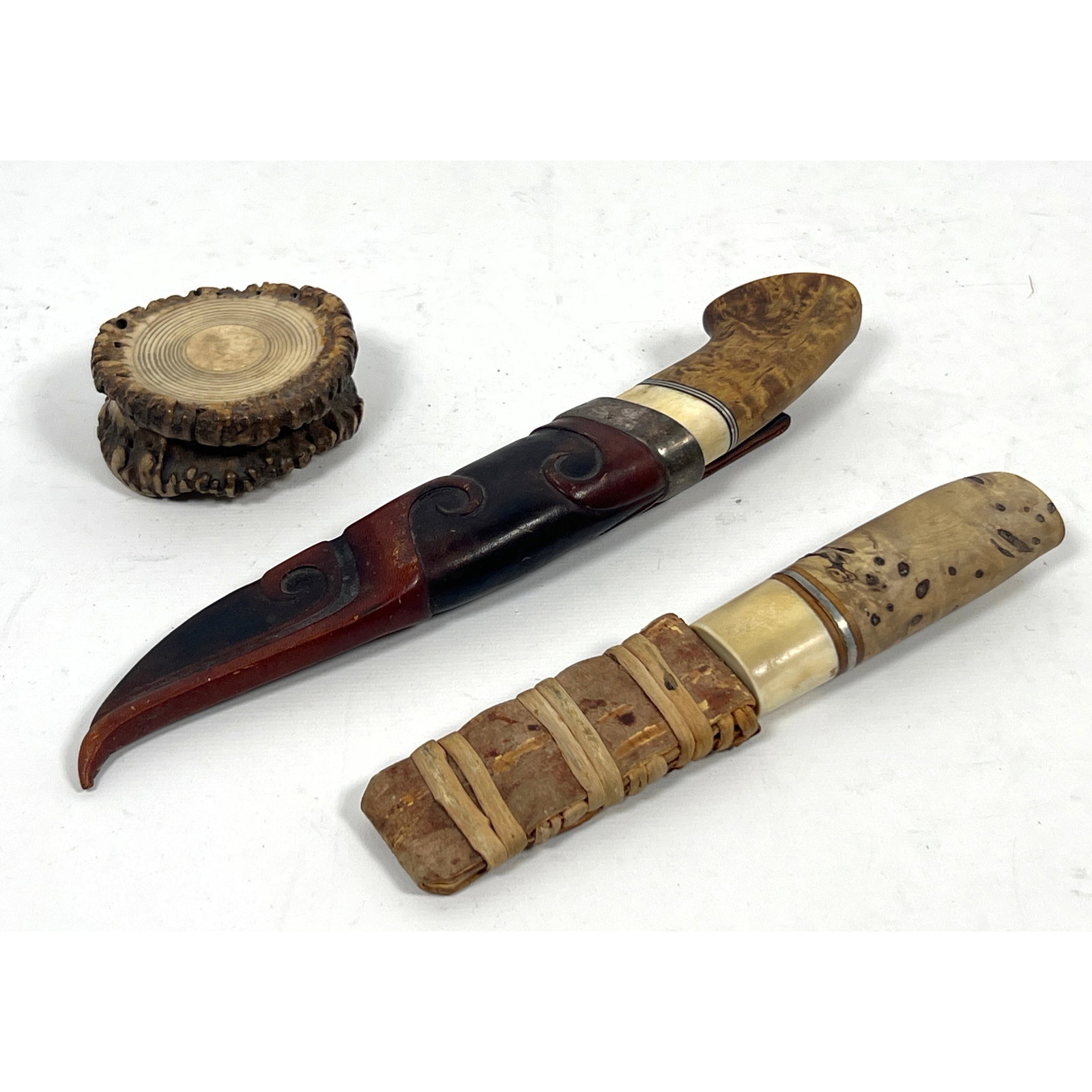 3pcs Handcrafted Objects. Handmade Scandinavian Puukko Knife artist signed, Scottish Mull Box, Hand: 3pcs Handcrafted Objects. Handmade Scandinavian Puukko Knife artist signed, Scottish Mull Box, Handmade Puukko Knife. Dimensions: Height: 9 inches, Width: 1 inches. --- US Packing and Shipping