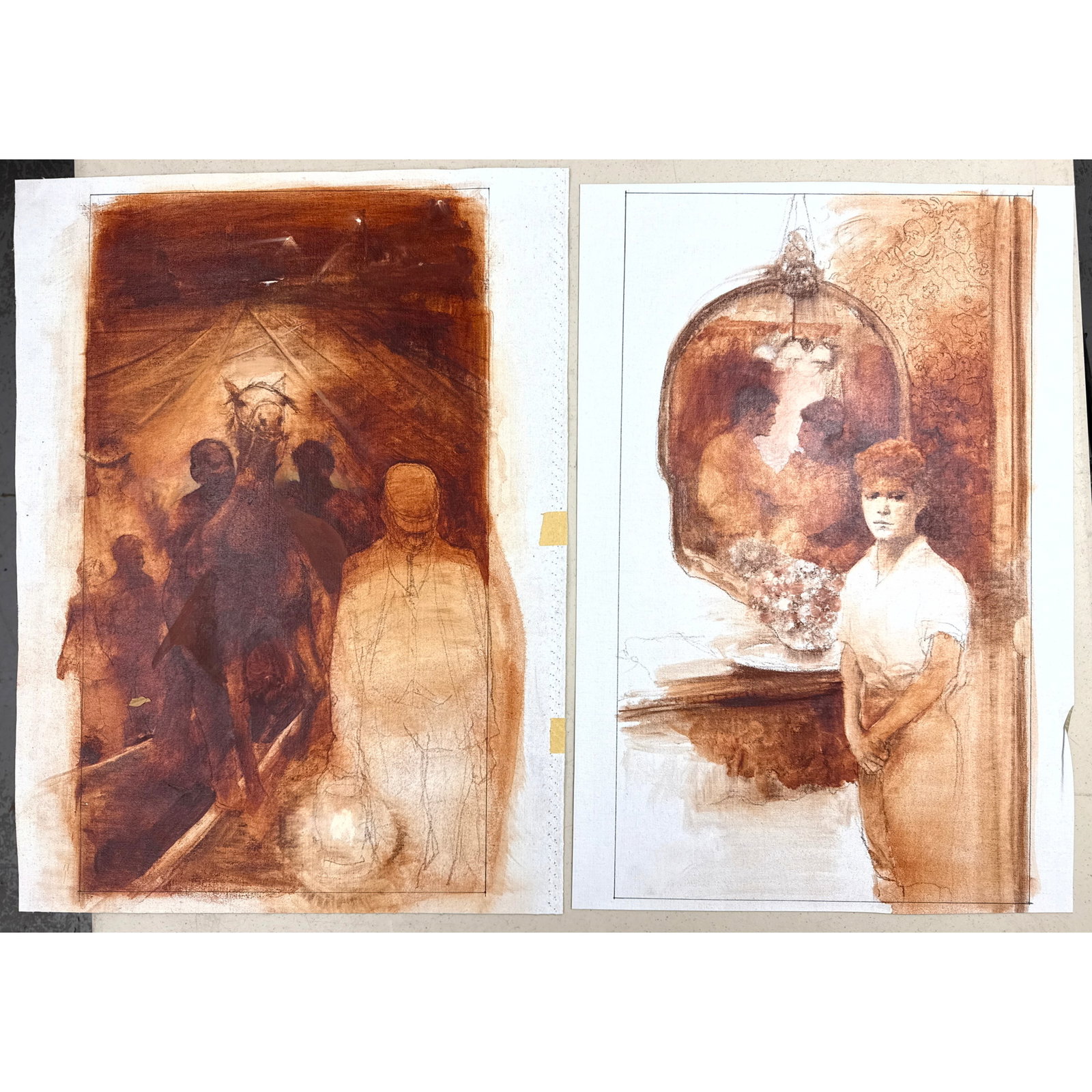 2pc HERBERT TAUSS Original paintings on unstretched Canvas. Franklin Library Archives. Unsigned.: 2pc HERBERT TAUSS Original paintings on unstretched Canvas. Franklin Library Archives. Unsigned. Dimensions: Height: 21.5 inches, Width: 14.5 inches. --- US Packing and Shipping charge: In house