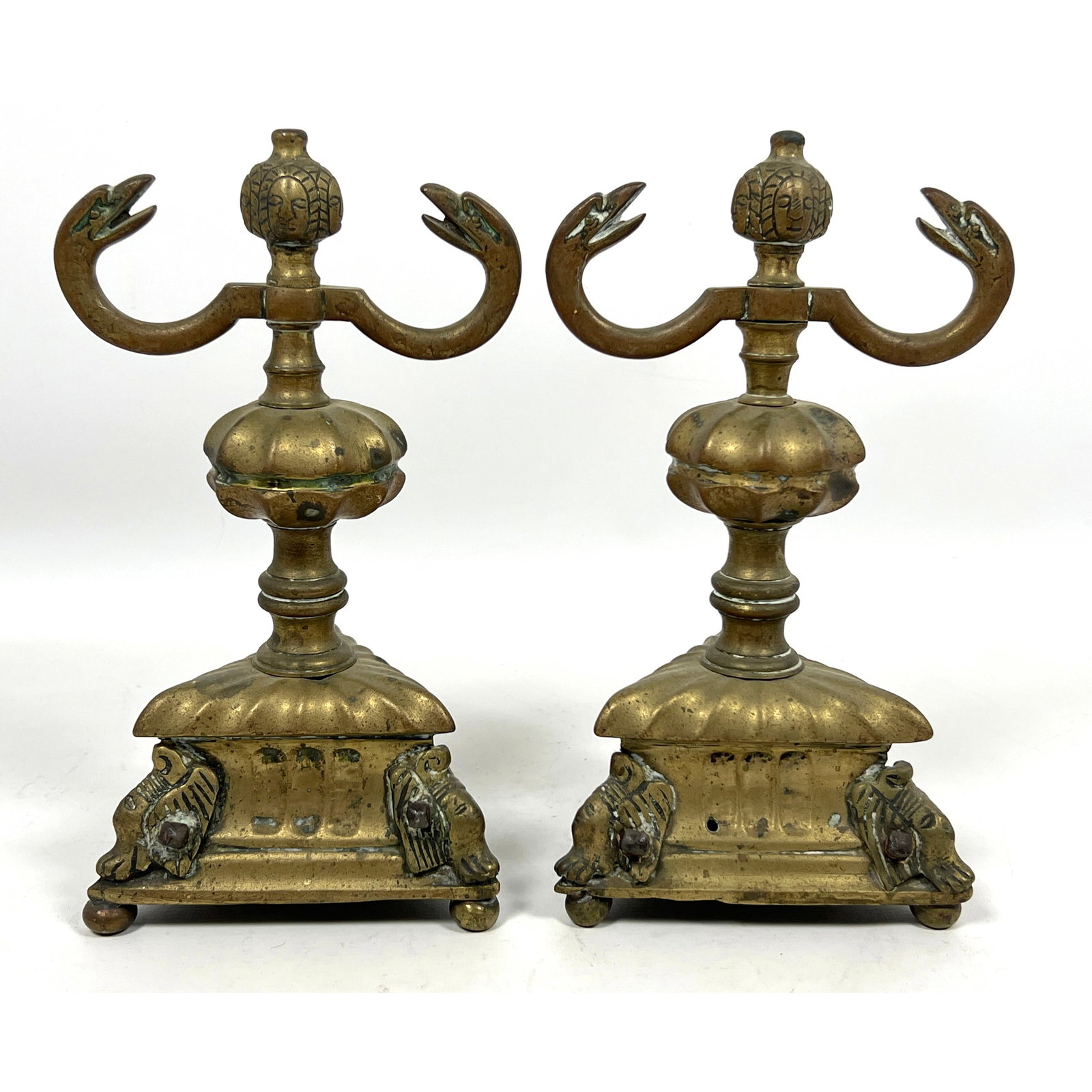 Pair of cast brass decorative stands or finials designed in the Renaissance Revival style.: Pair of cast brass decorative stands or finials designed in the Renaissance Revival style. Dimensions: Height: 10 inches, Width: 6 inches, Depth: 6 inches. --- US Packing and Shipping charge: In