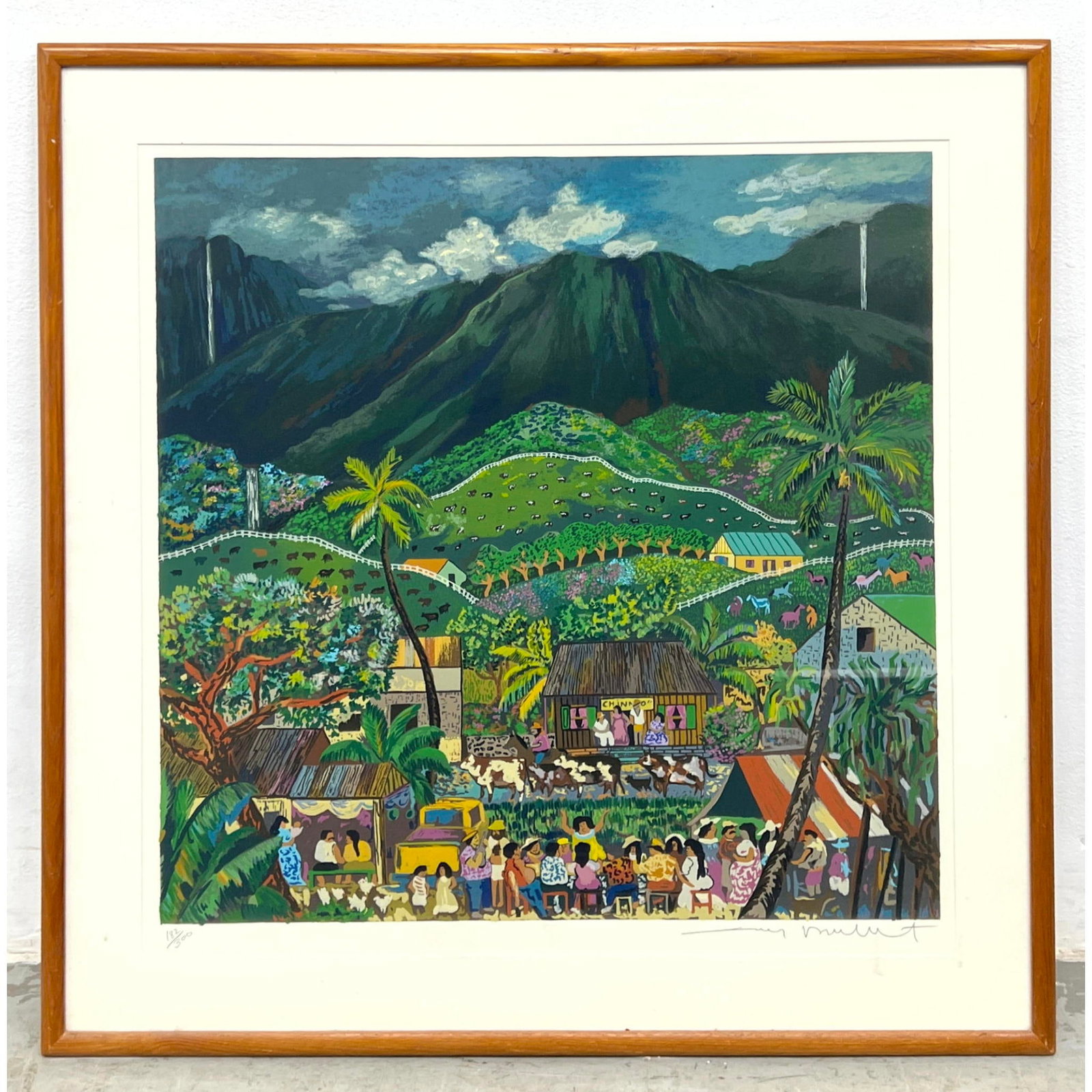 Color serigraph on paper by French-American artist Guy Buffet, depicts a bustling Hawaiian community (1 of 9)