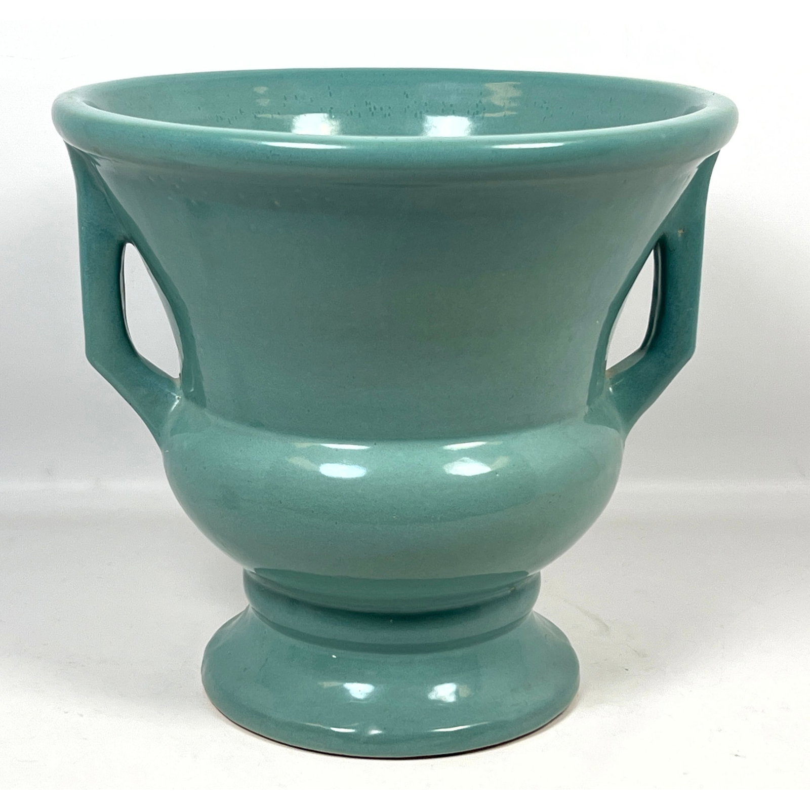 Ceramic Turquoise Green Glazed Handled Garden Urn or Planter. (1 of 9)