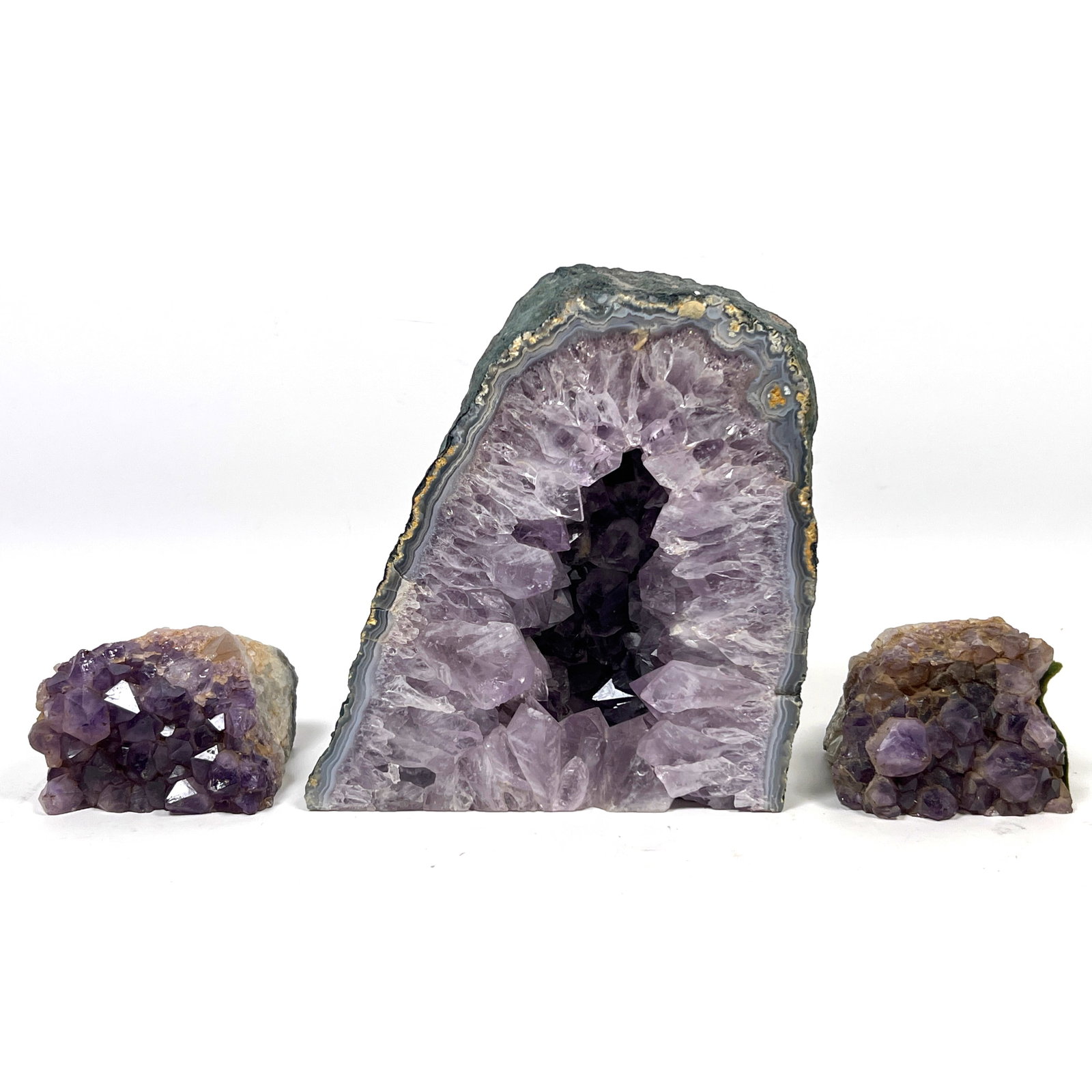 3pcs Natural amethyst mineral specimens. Cathedral-style geode slice and bookends. (1 of 11)