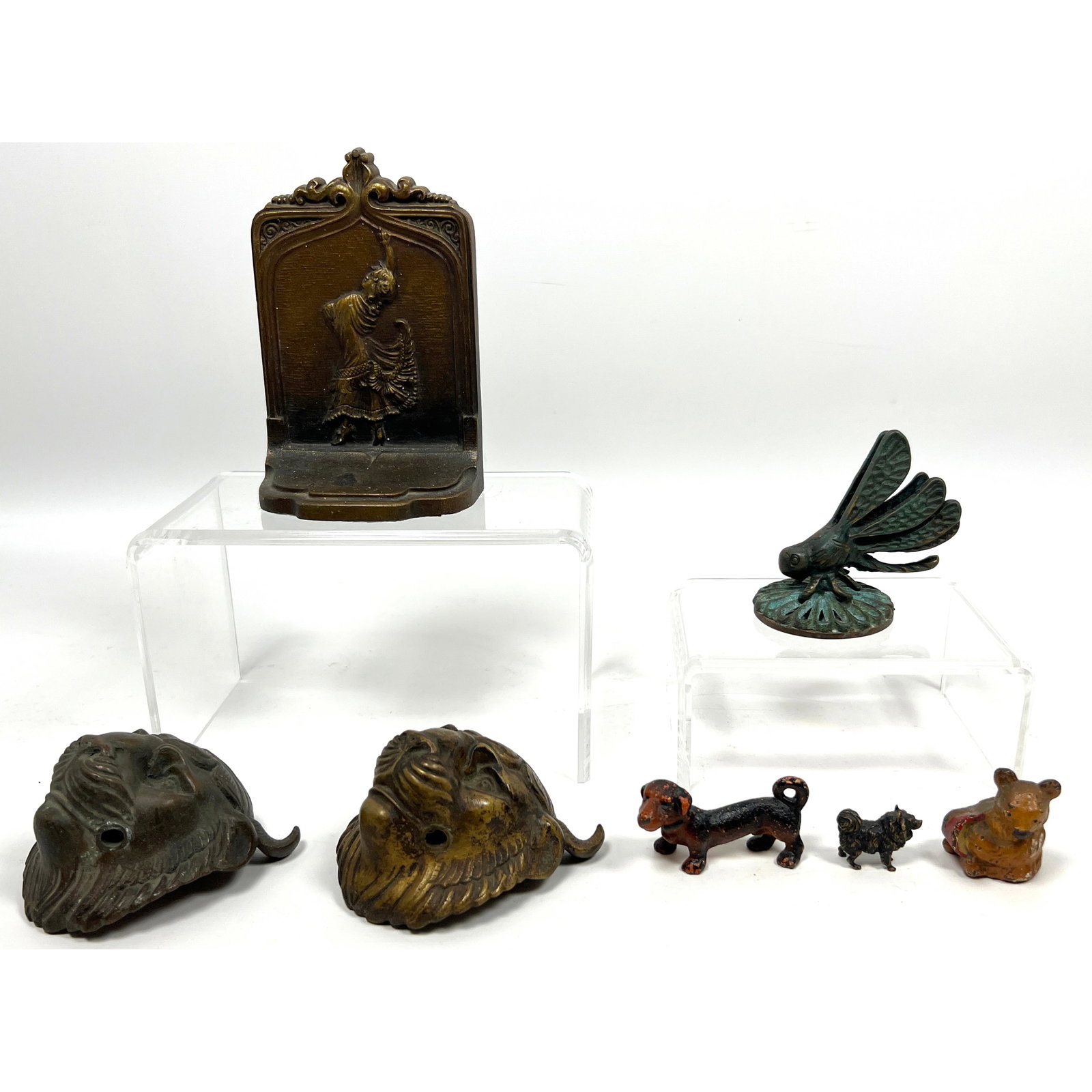 7pcs Vintage Antique Metal Objects. Pair Bronze Lion Head Ornaments, Small Austrian bronze dog, Drag (1 of 20)