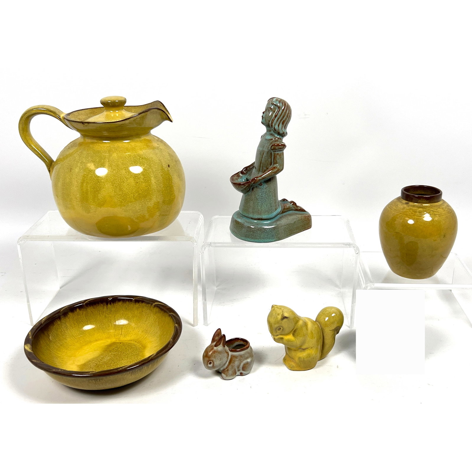 6pc NICODEMUS Ohio American Art Pottery. MCM Glazed Redware. Yellow Handled Teapot. Figural Squirrel (1 of 17)