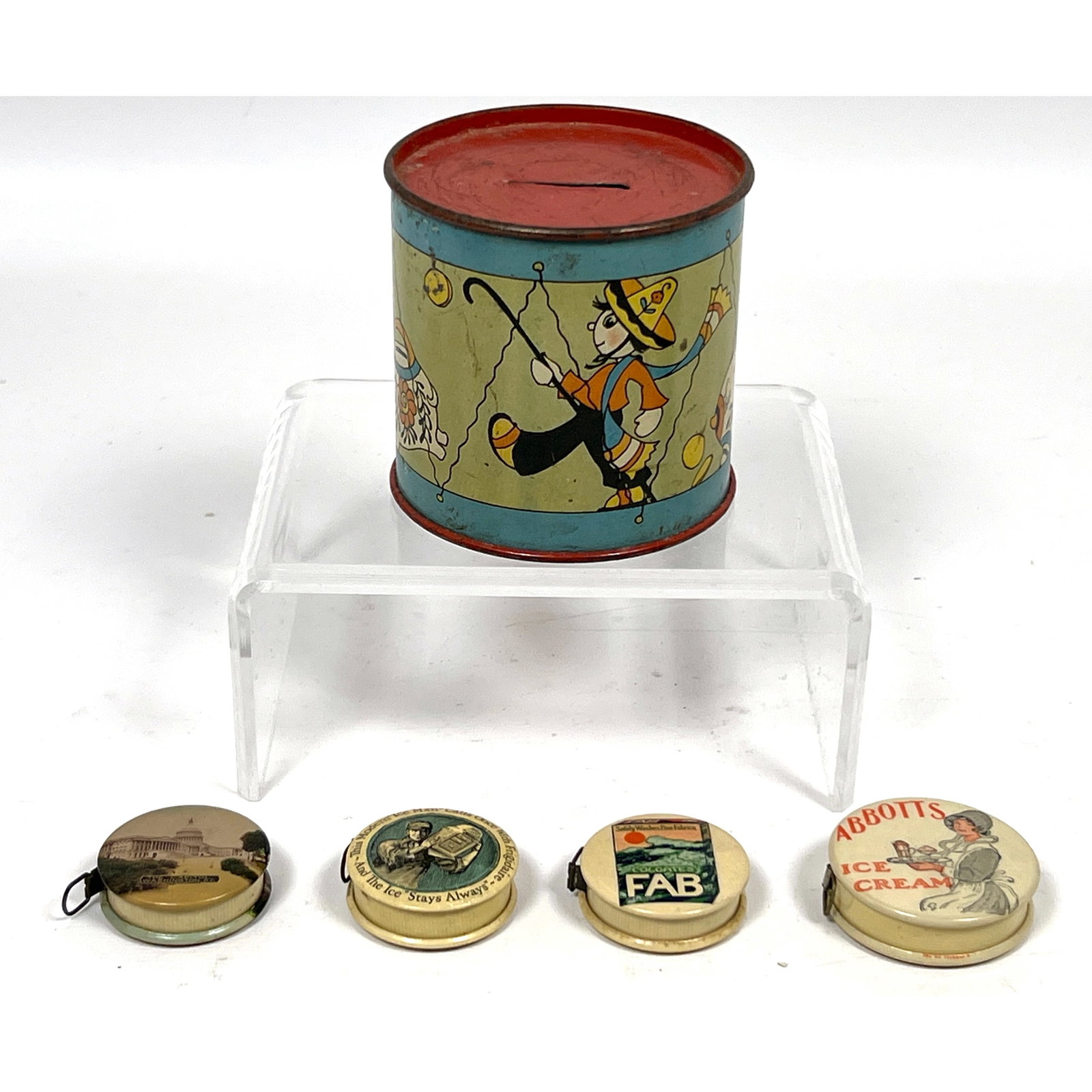 Vintage Collectables. Advertising Tape Measures, Tin Bank. Abbotts Ice Cream, The Capitol white hous: Vintage Collectables. Advertising Tape Measures, Tin Bank. Abbotts Ice Cream, The Capitol white house Washington d.c. Frigidaire, FAB. coin bank features wrap-around lithographed artwork by illustrato