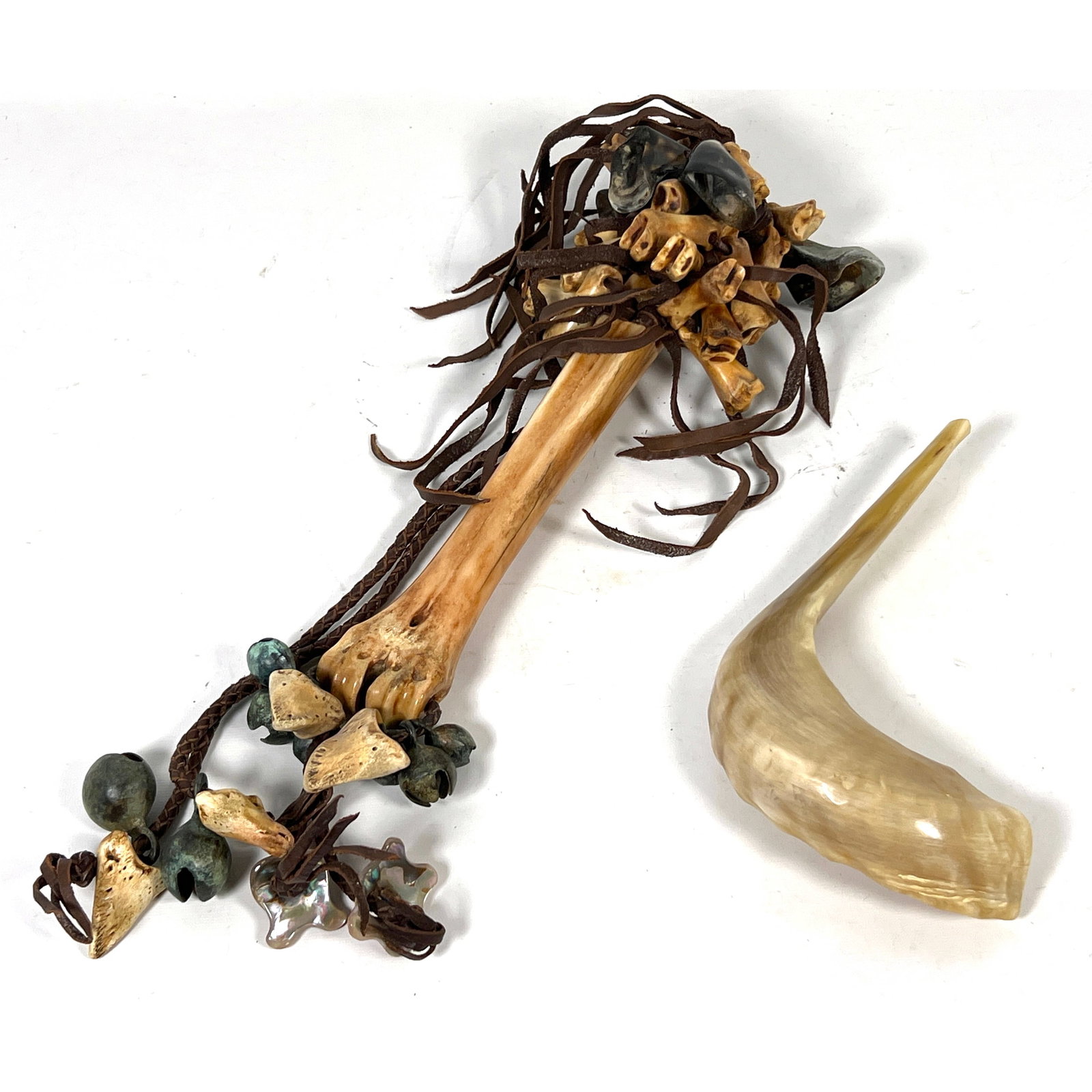 2pcs. Shaman Bone, Leather, Coral, Claw. Ritual Rattle and Horn. (1 of 10)