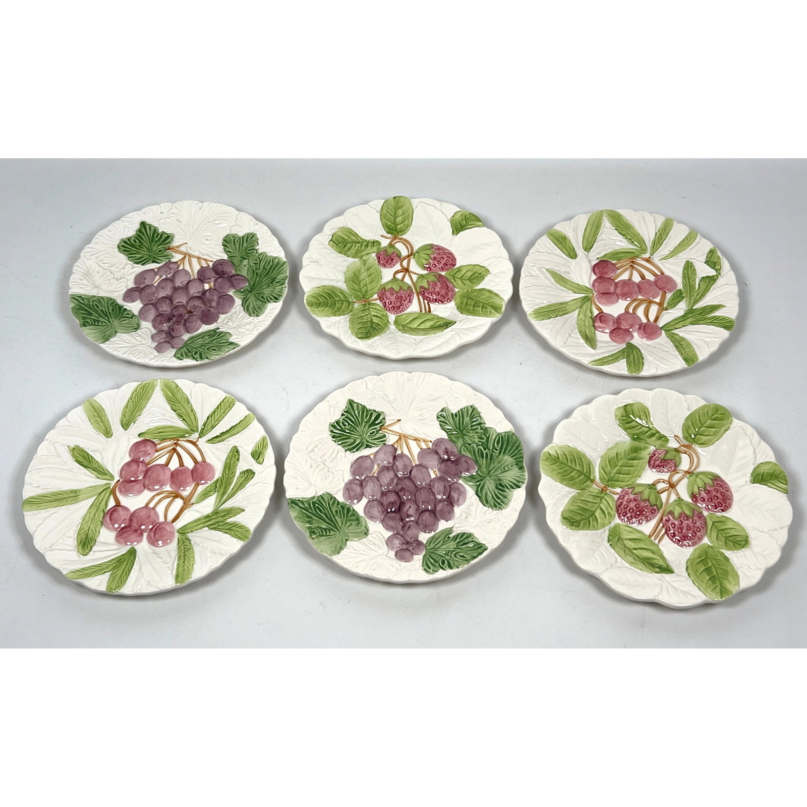 Set of 6 Glazed earthenware dessert plates in the Fruit Du Jour pattern by Shafford: Set of 6 Glazed earthenware dessert plates in the Fruit Du Jour pattern by Shafford Dimensions: Height: 8 inches, Width: 8 inches, Depth: 1 inches. --- US Packing and Shipping charge: In house shippin