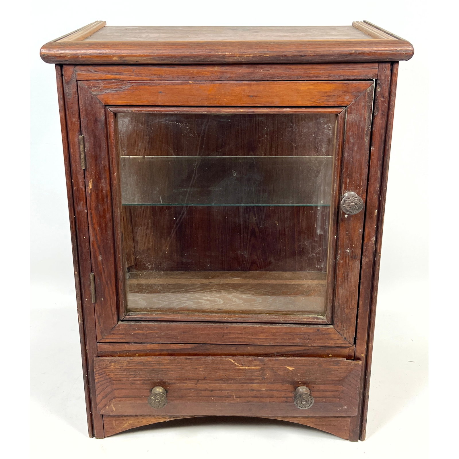 Antique Tabletop display cabinet of oak construction with a dark-stained finish features a single gl (1 of 12)