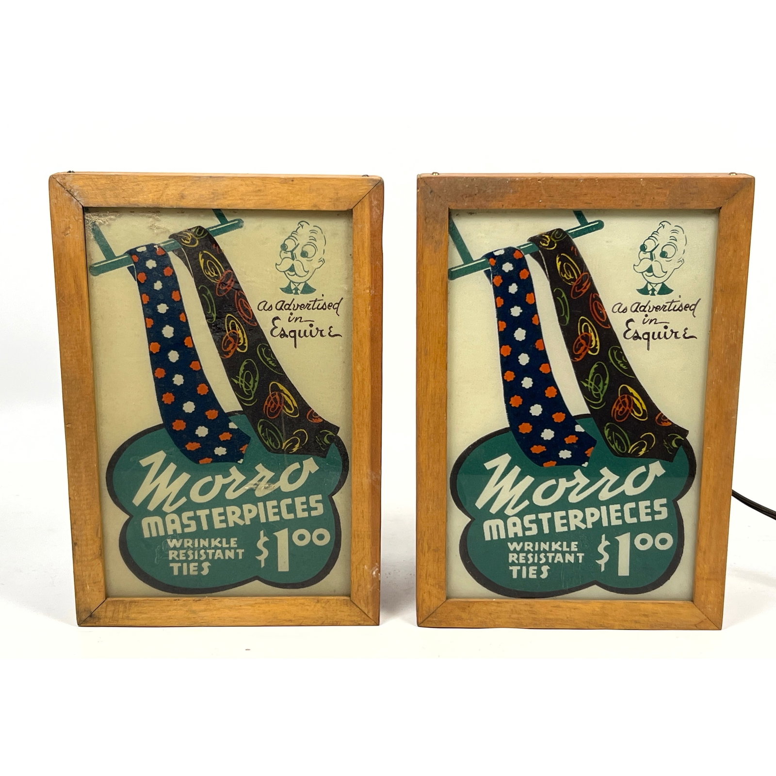 Matching pair of mid-century lighted advertising displays for Morro Masterpieces wrinkle resistant t: Matching pair of mid-century lighted advertising displays for Morro Masterpieces wrinkle resistant ties. As advertised in Esquire. Dimensions: Height: 12.5 inches, Width: 8.5 inches, Depth: 5 inches.