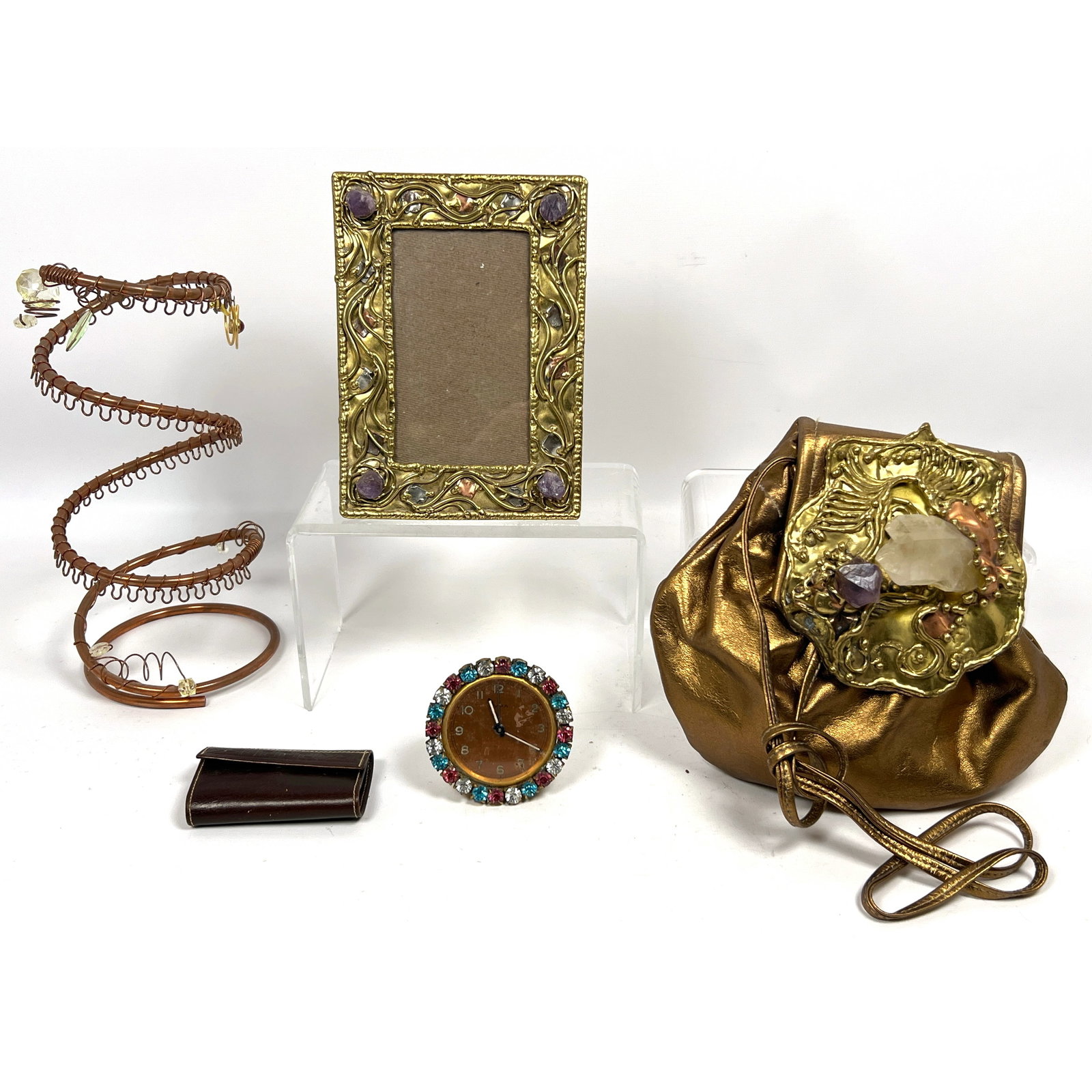 5pcs Mixed Metal. Brazil Capa Collection Purse set with large Quartz Crystal, Jewel Set Frame, Coppe: 5pcs Mixed Metal. Brazil Capa Collection Purse set with large Quartz Crystal, Jewel Set Frame, Copper Earring Holder, Cyma Jeweled clock, Yves Saint Laurent key holder. Dimensions: Height: 10.5