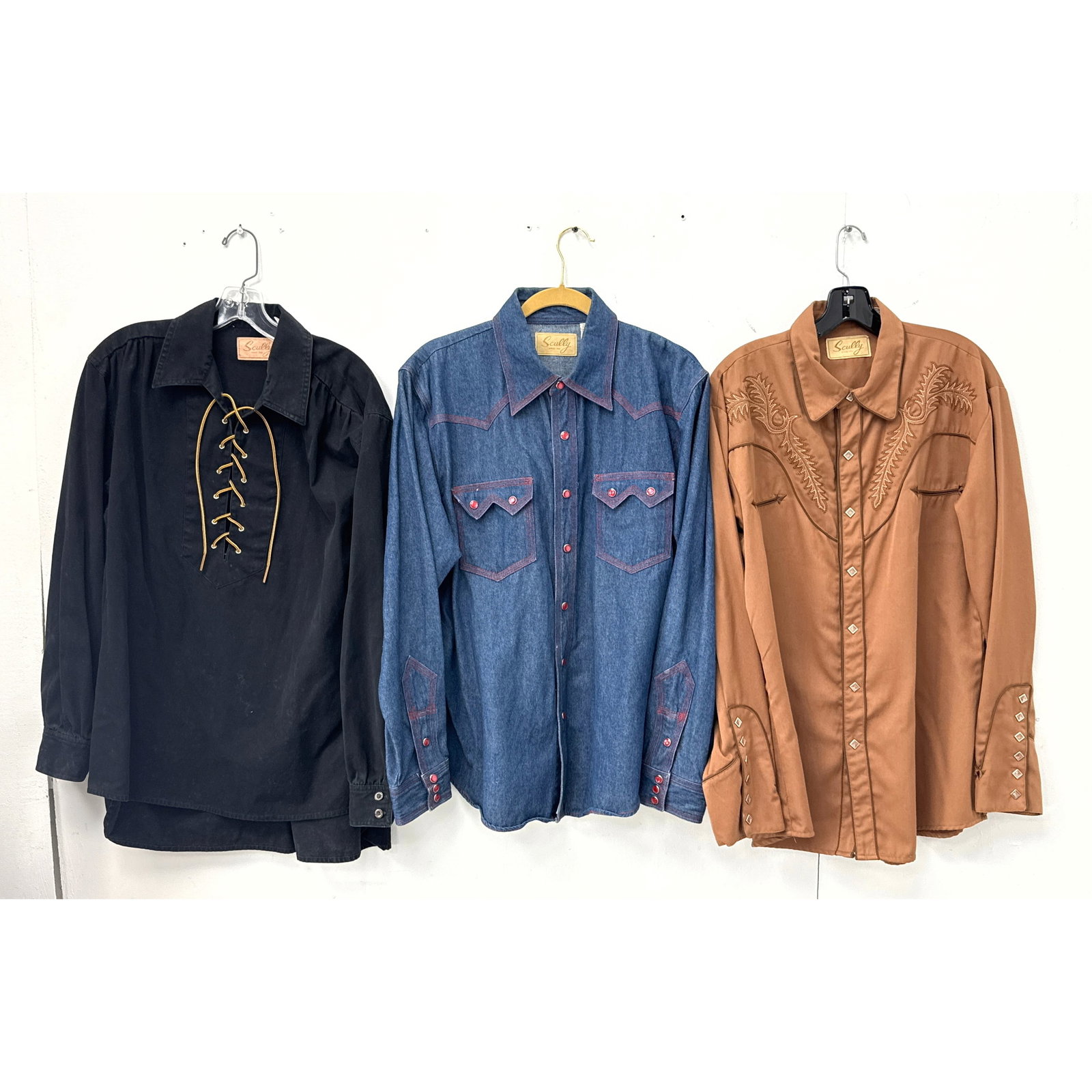 3pcs Mens Long-sleeved Western-style shirts manufactured by Scully, an American brand established in: 3pcs Mens Long-sleeved Western-style shirts manufactured by Scully, an American brand established in 1906. Size Large. Dimensions: Height: 33 inches, Width: 17 inches. --- US Packing and Shipping char