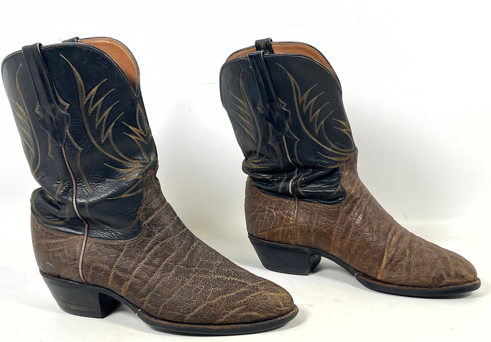Pair John Allen Woodward Western boots. Two-tone design with black leather shafts and brown, heavily (1 of 9)