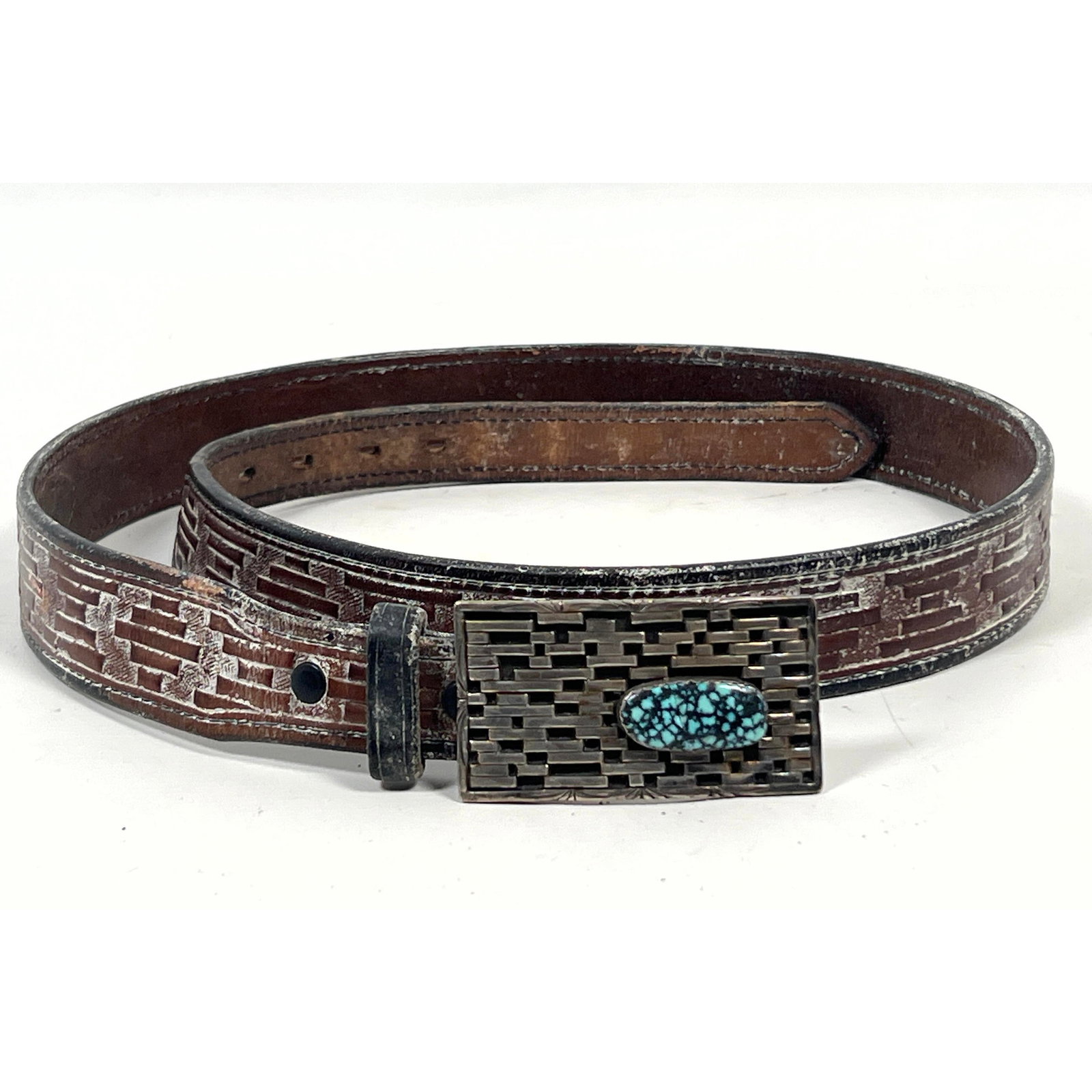 Native American Silver and Turquoise Belt Buckle with Custom Leather belt. Marked EB. (1 of 10)