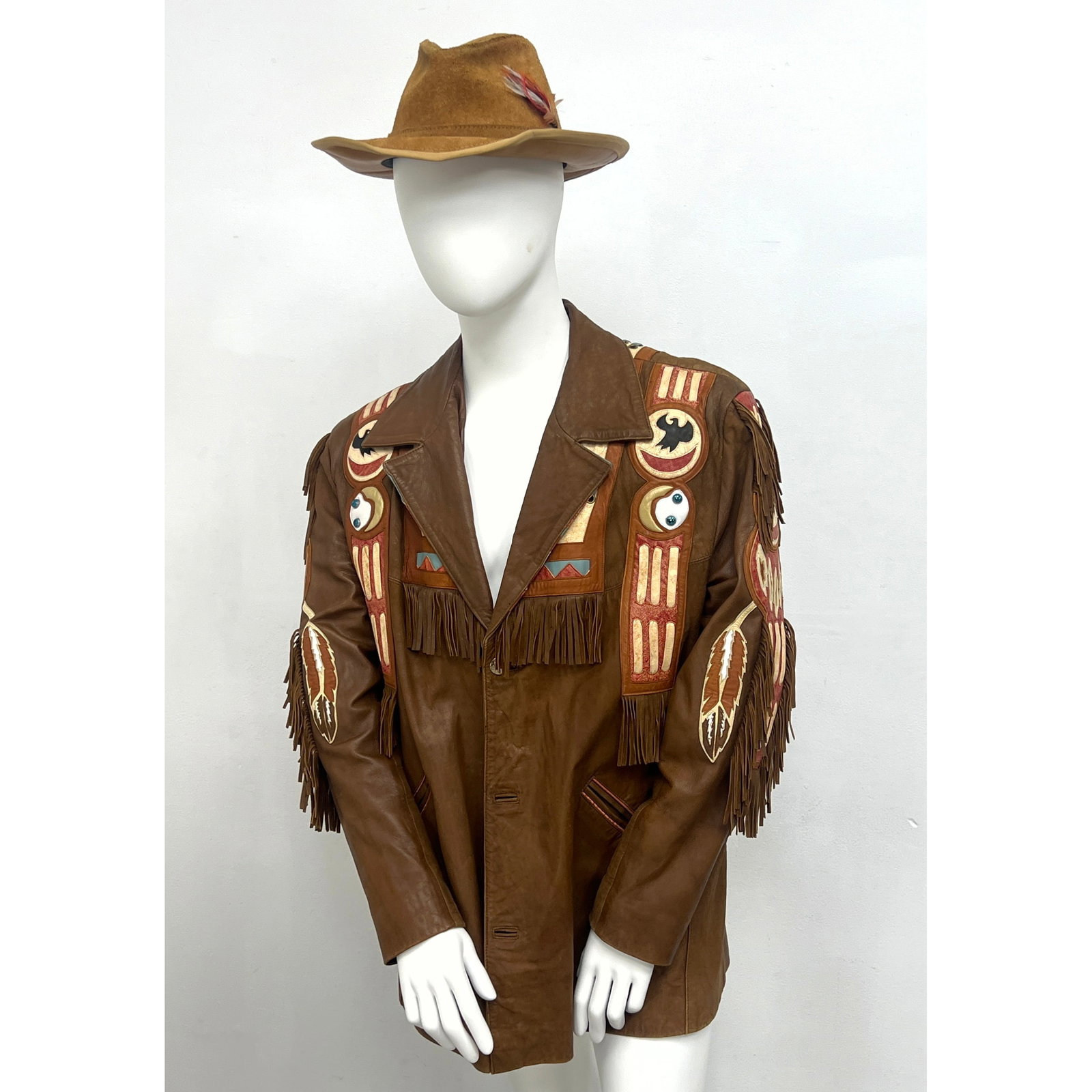 2pc Western Ensemble. Size Men's Large Volcano Decorated Leather Jacket and Suede Hat. Mannequin not (1 of 13)