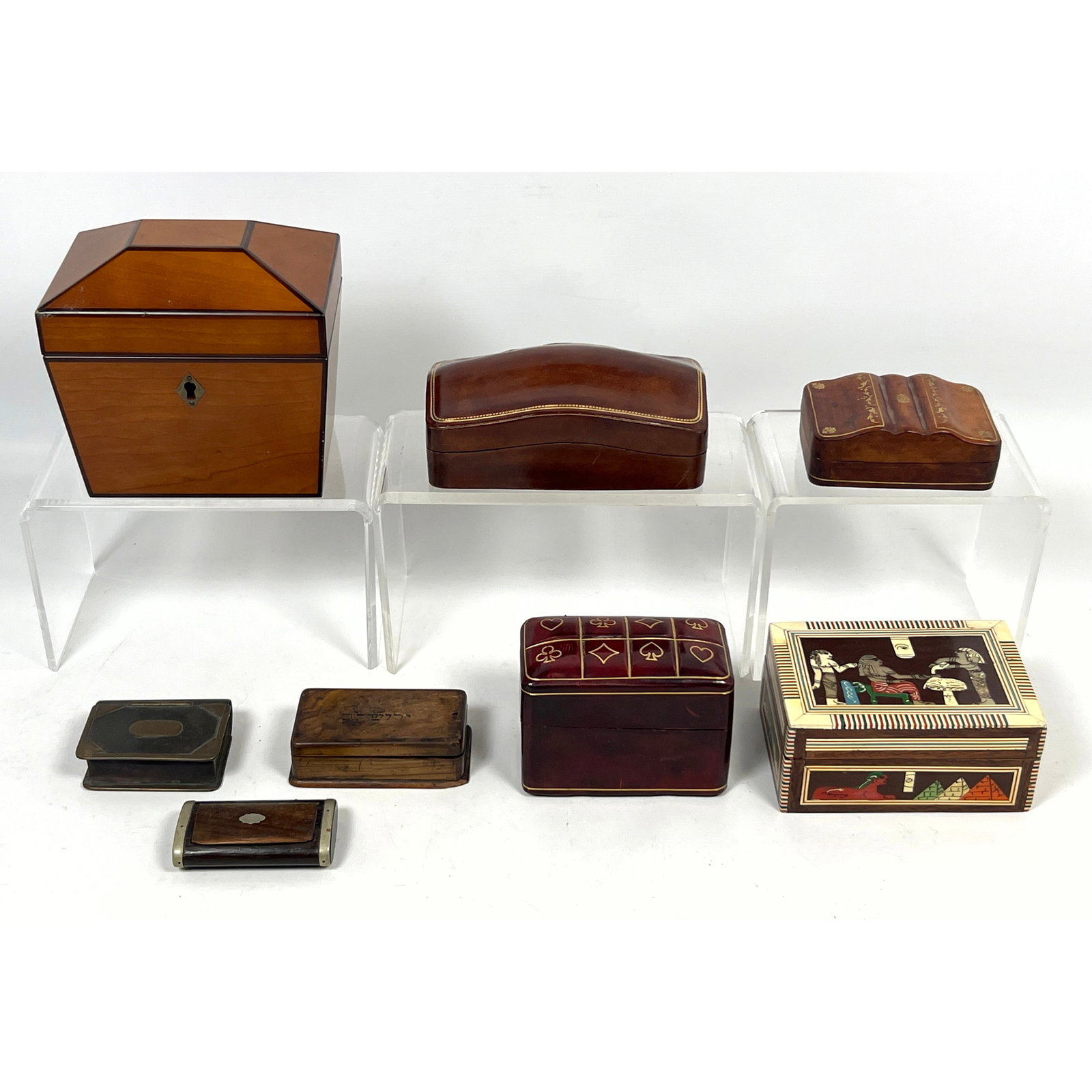 8pcs Vintage Boxes. Wood and Brass Snuff box, Woos and brass stamp box, Italy Leather, Egyptian styl (1 of 20)