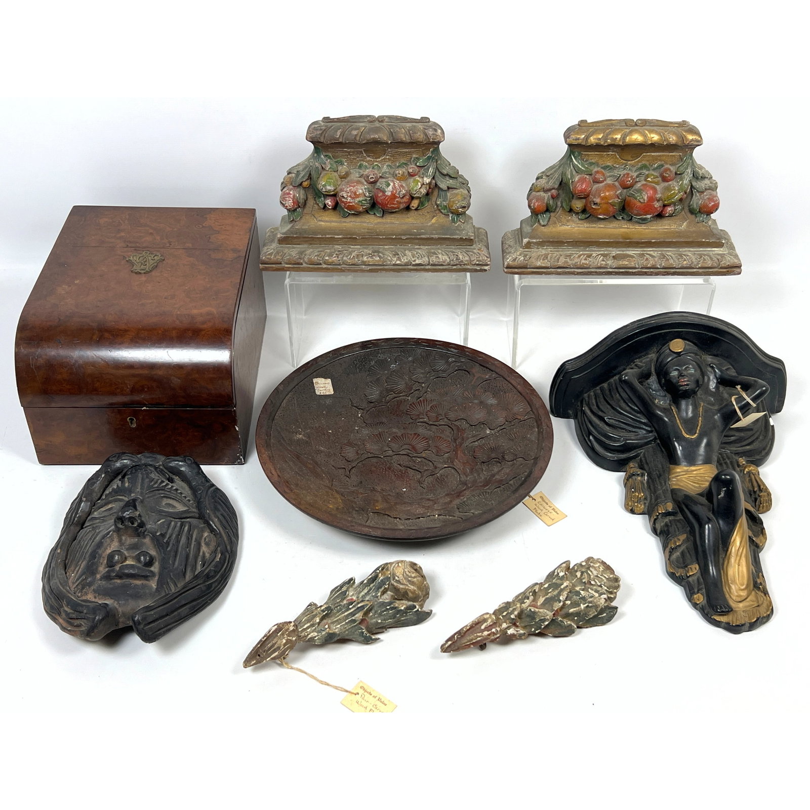Mixed Wood and Objects. Carved Shelf Brackets, Flower decorations, Cuff Box, Carved dish. (1 of 20)