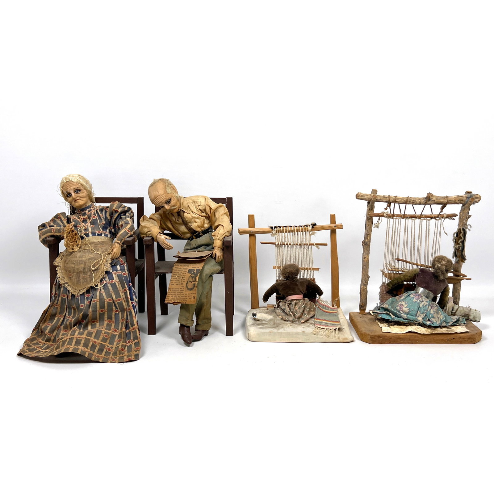 Vintage handcrafted folk art items comprising two character dolls and two miniature dioramas. (1 of 15)