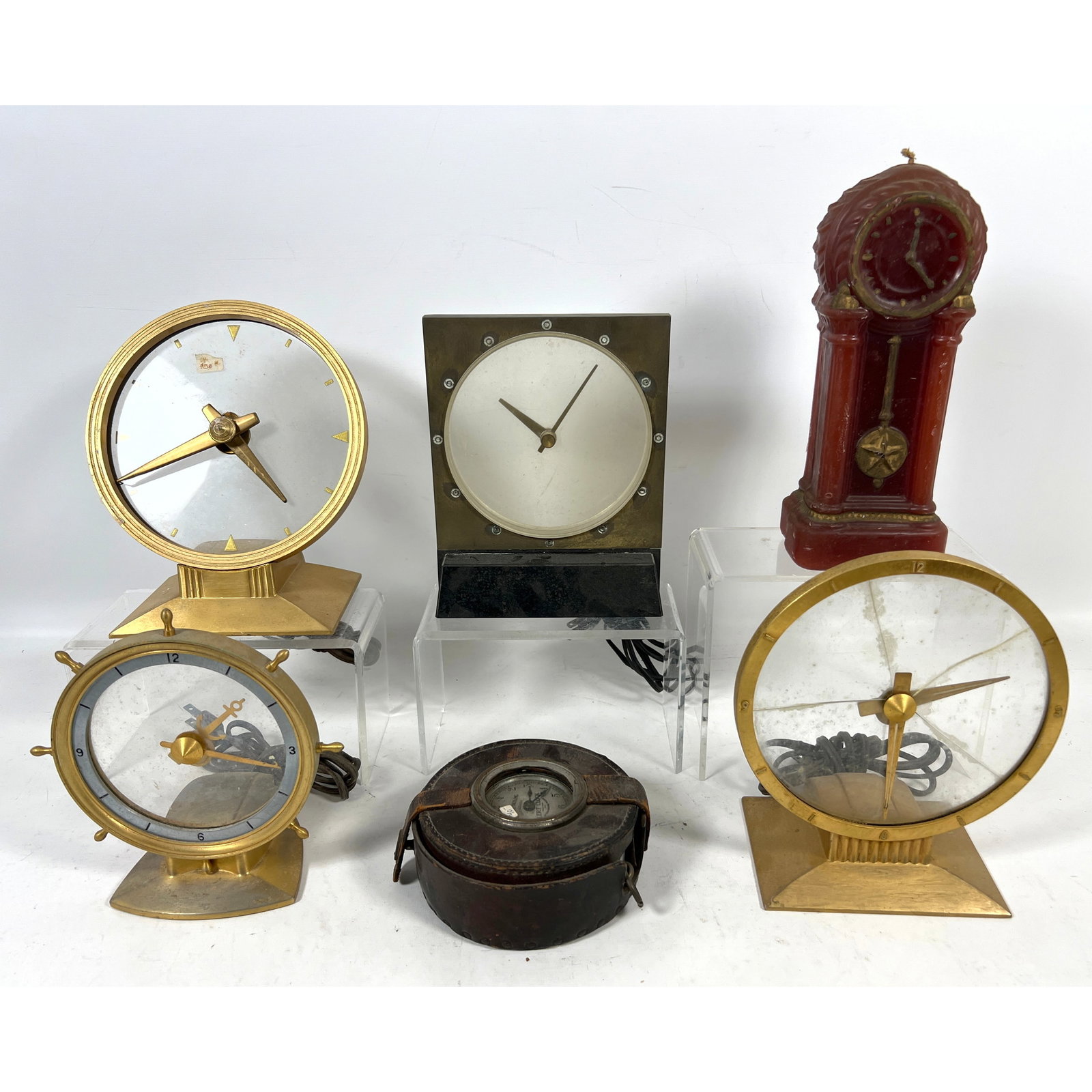 6pc Clock Lot. Jefferson mystery clocks, Wax Candle Form, Brass mystery, Harding Alert Clock. (1 of 20)