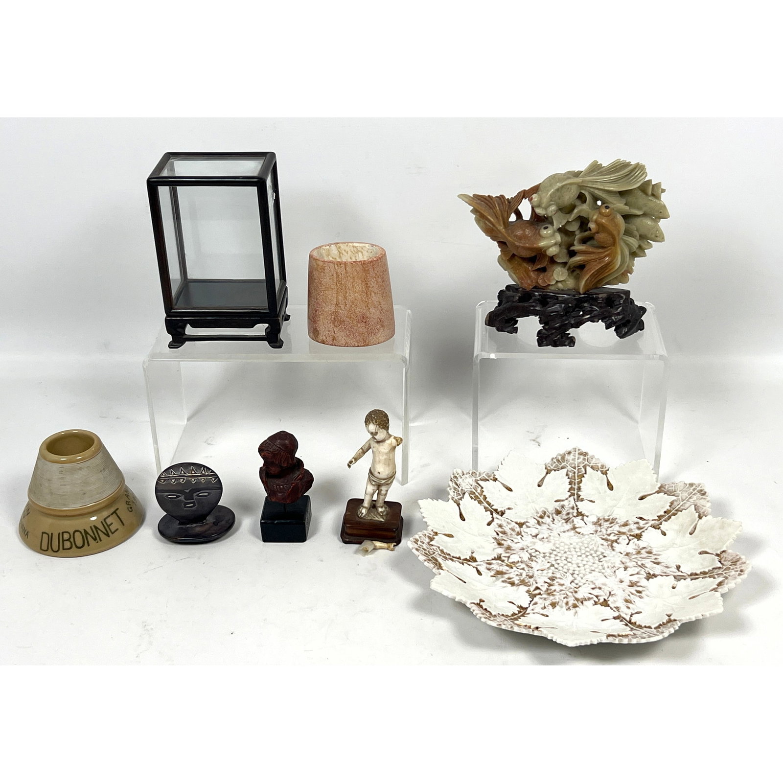 Mixed Antique Objects Lot. Meissen Dish, Carved Soapstone, Dubonnet Match Holder, Small Kenya box, C (1 of 20)