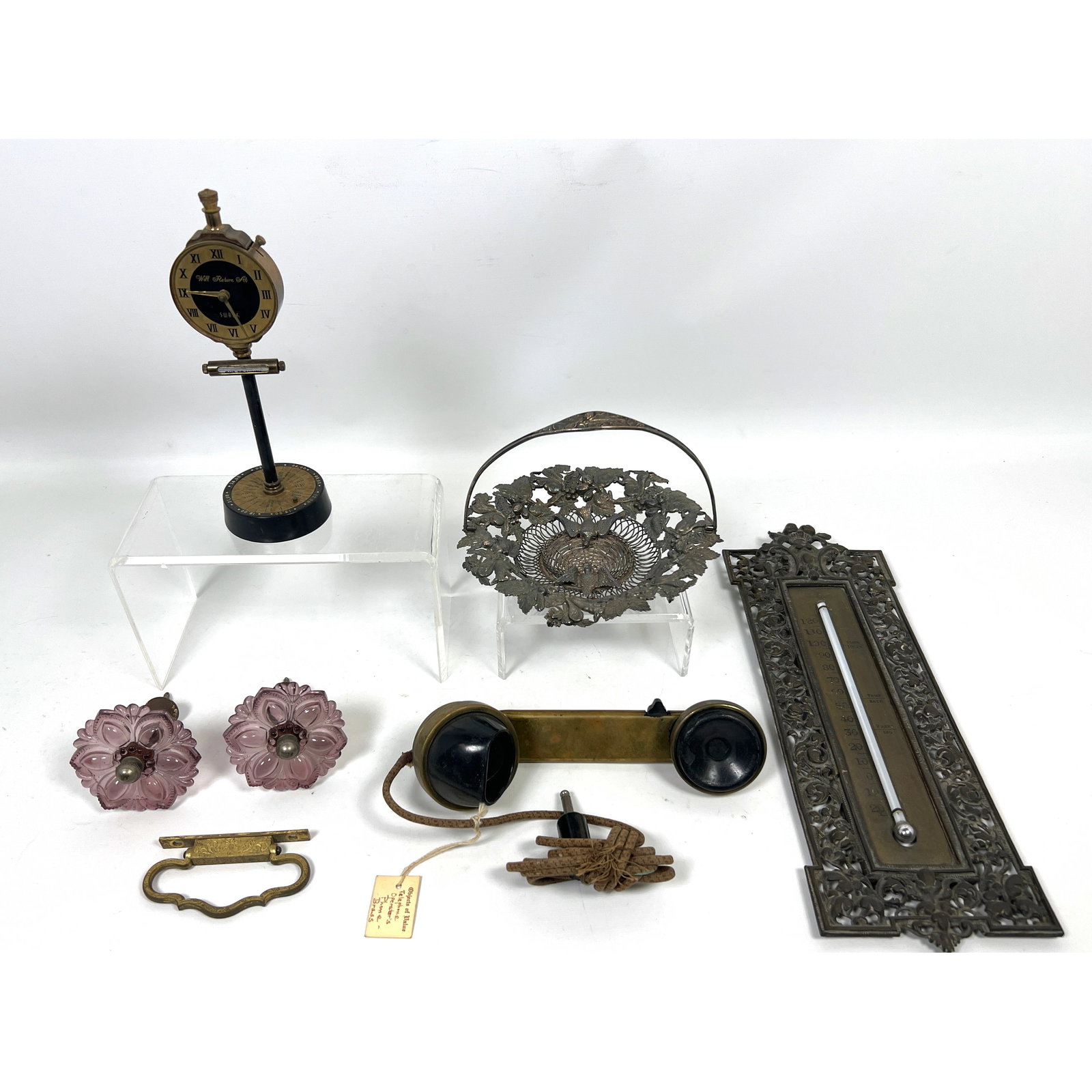 Mixed Metals Lot. Brass hanging thermometer, Glass curtain tie backs, Brass Telephone operators phon (1 of 20)