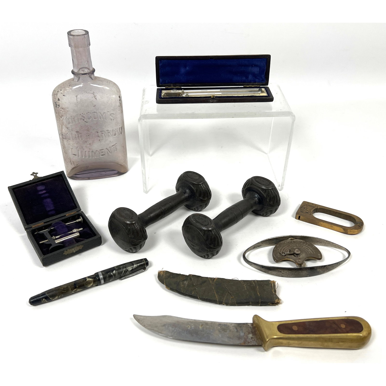 Mixed Antique Lot. Boxed Max Minimum Thermometer, Grissom Bone Marrow Liniment, Squeeze Gauge, Iron (1 of 20)