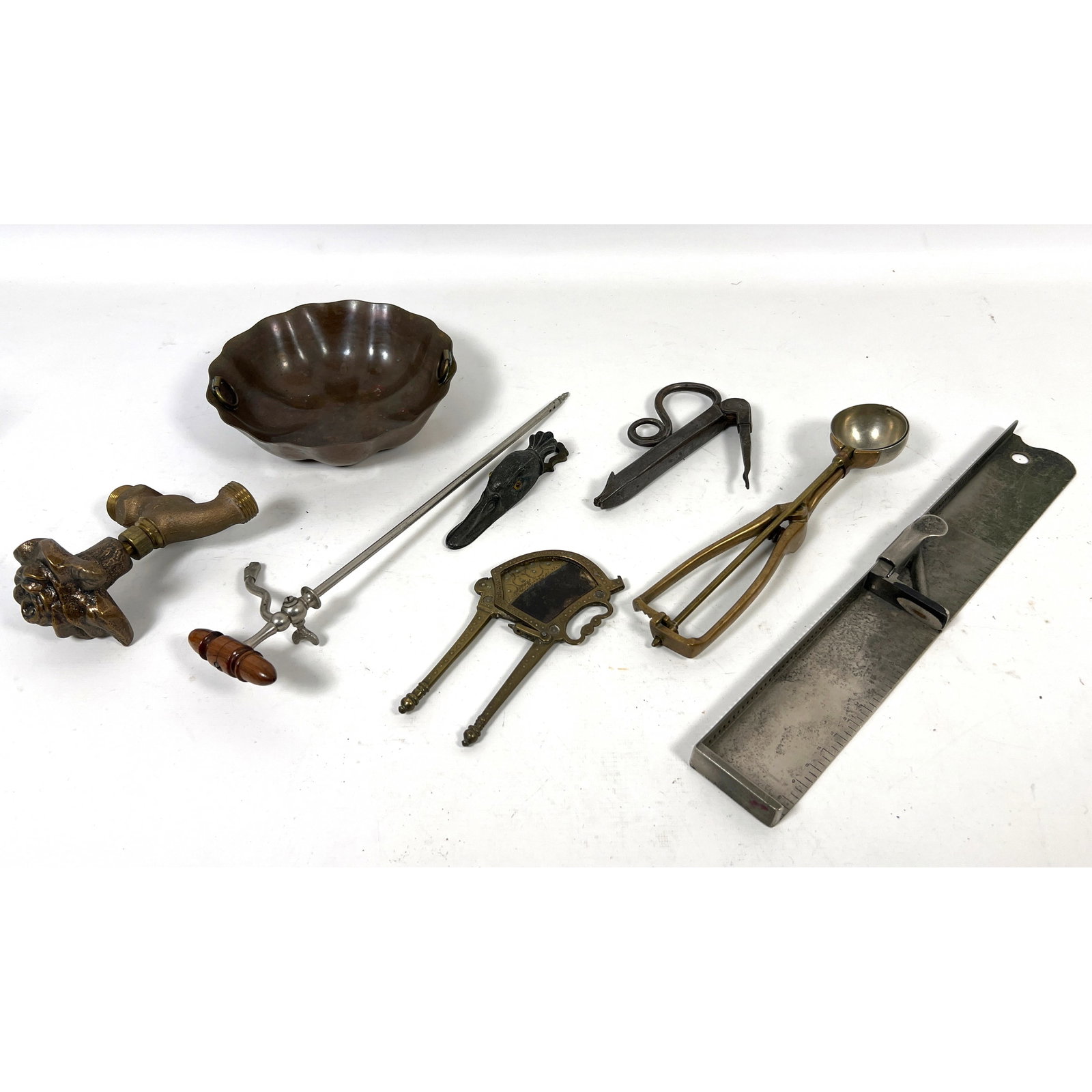 Antique and vintage household items and specialized implements constructed from copper, brass, iron, (1 of 20)