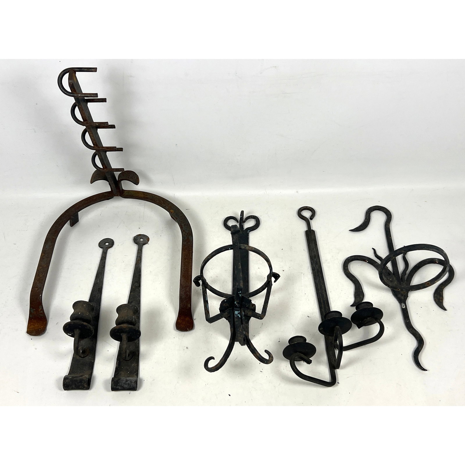 Forged Iron Lot. hand-wrought iron hearth and lighting accessories, likely 19th to early 20th centur (1 of 16)