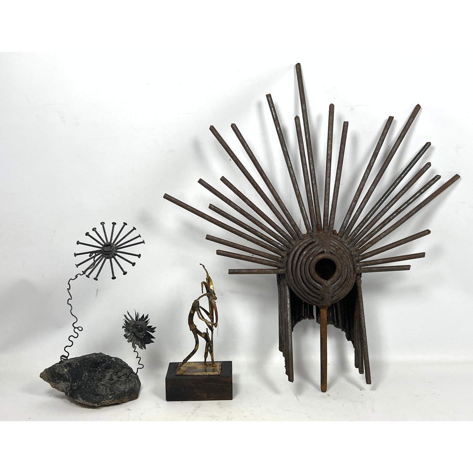 3pc Brutalist Metal Sculptures. 1) Radiating Rays Welded Iron Rod Sculpture. 2) Nail Head Floral Scu (1 of 15)