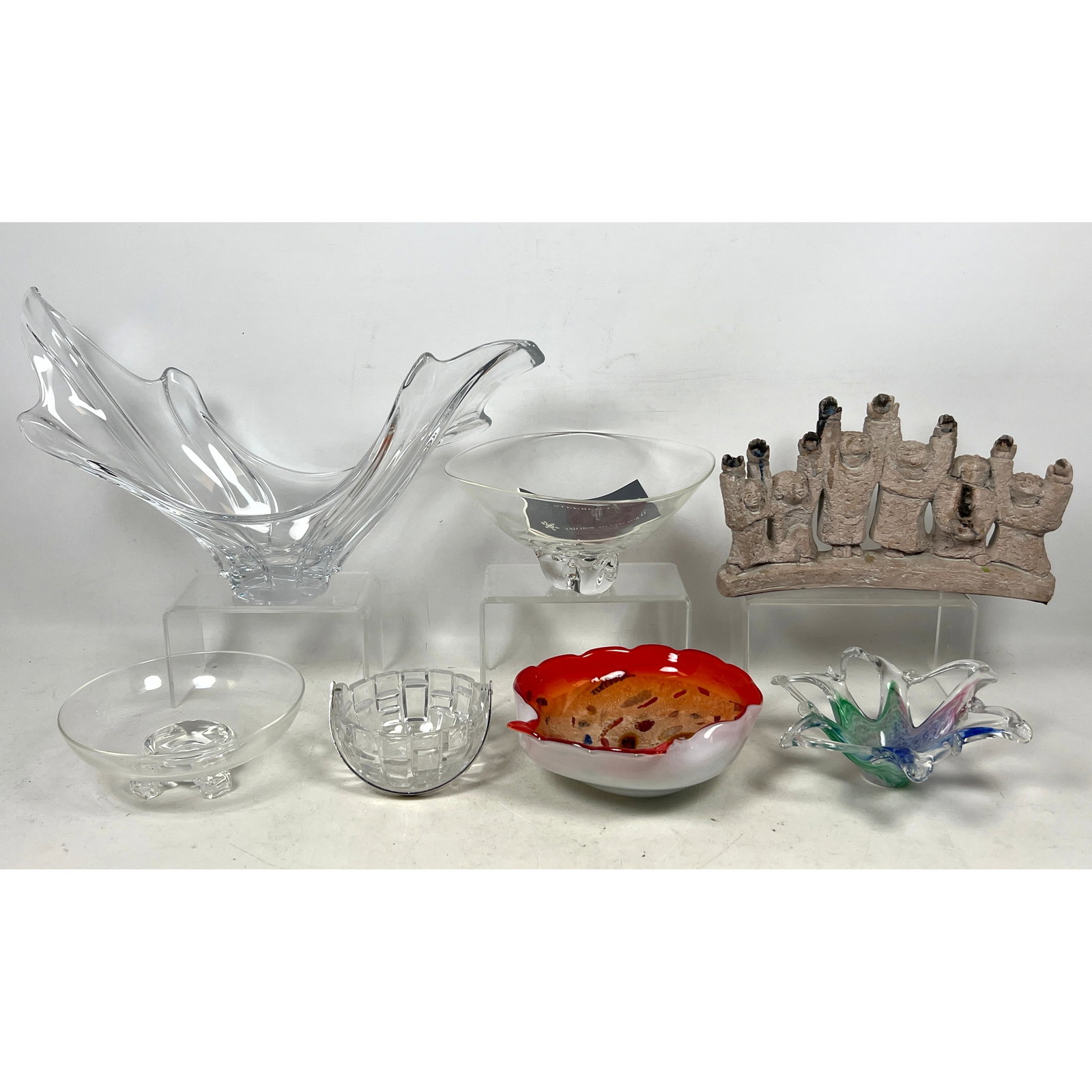 Mid Century Modern Lot. Art Glass and Pottery Sculpture. Verrerie FRANCE, Murano glass, Austin Prod: Mid Century Modern Lot. Art Glass and Pottery Sculpture. Verrerie FRANCE, Murano glass, Austin Prod Candle Holder, Steuben, Dimensions: Height: 10 inches, Width: 20 inches, Depth: 6 inches. ---