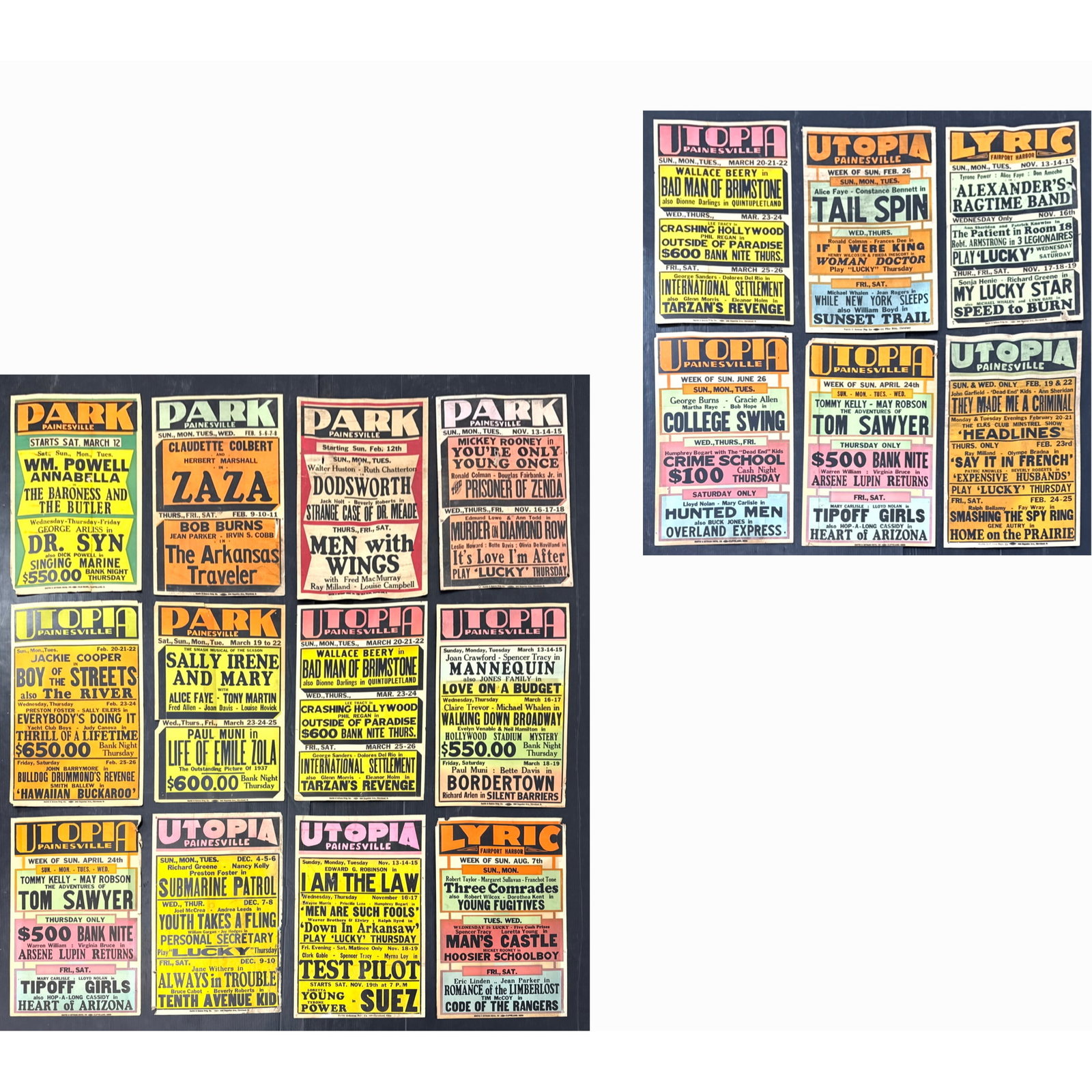18 pc Vintage movie theater window cards and posters promoting film screenings at the Utopia and Par: 18 pc Vintage movie theater window cards and posters promoting film screenings at the Utopia and Park theaters in Painesville, Ohio, and the Lyric theater in Fairport Harbor, Ohio. Dimensions: Height: