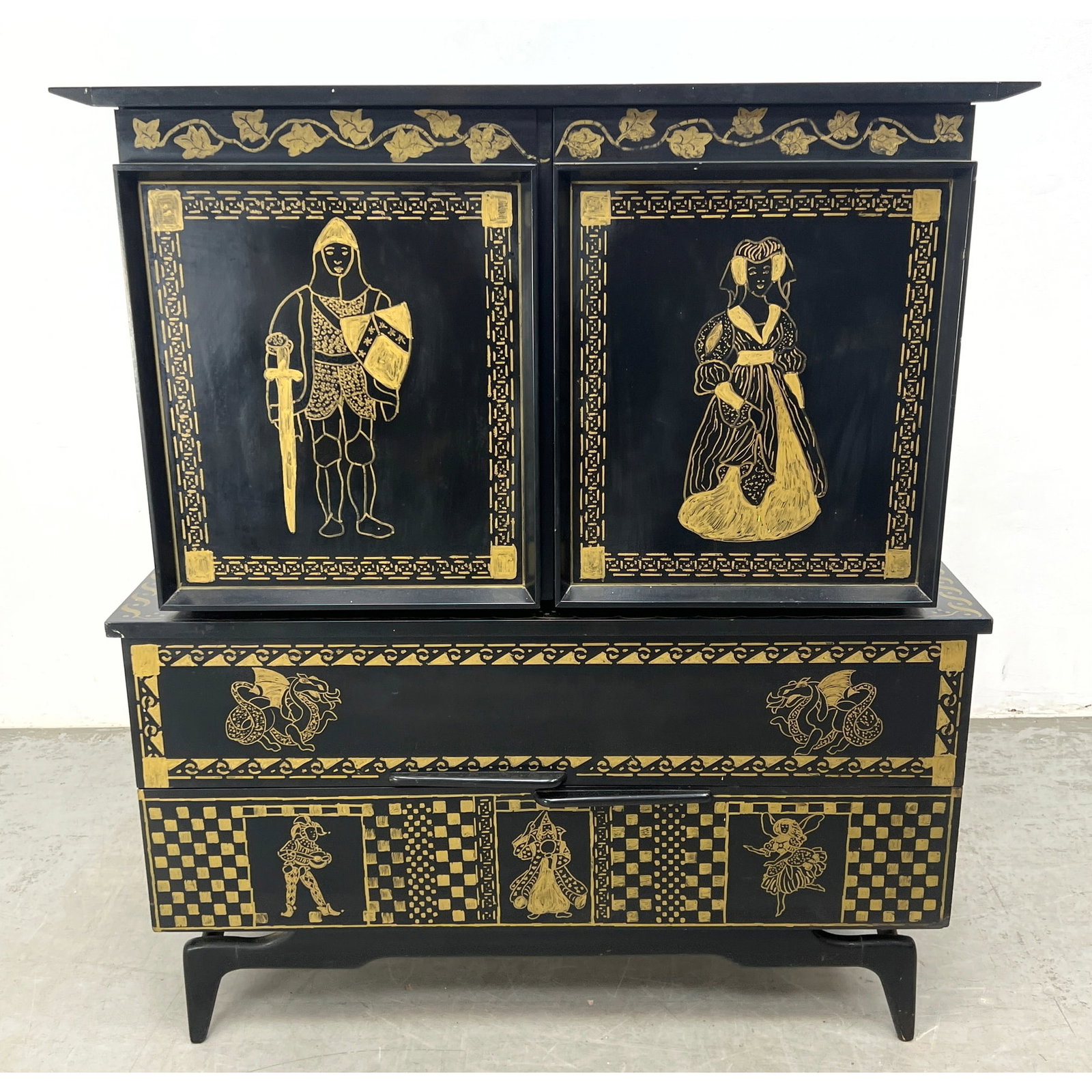 Mid Century Modern Tall Chest Dresser with Custom Medieval Painted Decoration.: Mid Century Modern Tall Chest Dresser with Custom Medieval Painted Decoration. Dimensions: Height: 49 inches, Width: 43 inches, Depth: 21 inches. ---