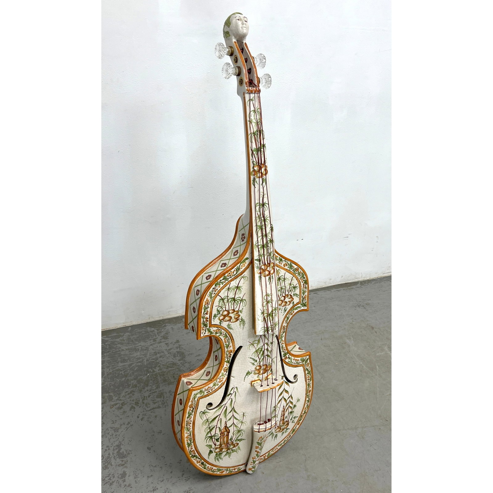 Large Life Size Italian Pottery Cello Instrument. Glazed Hand Painted with Palms. (1 of 11)