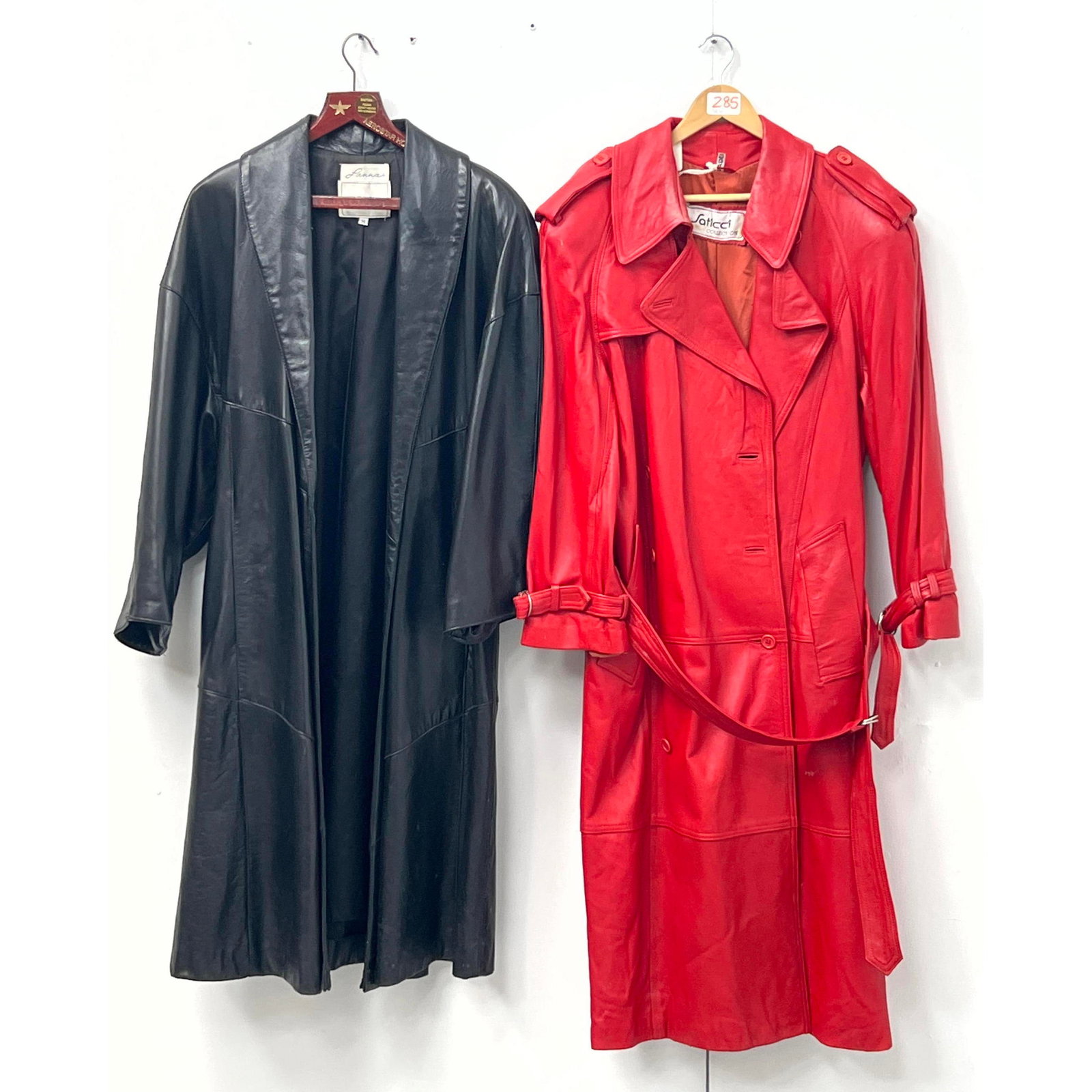 2pcs Vintage Long Leather Coats. Full-length black leather coat with interior labels for Lanna and S (1 of 16)