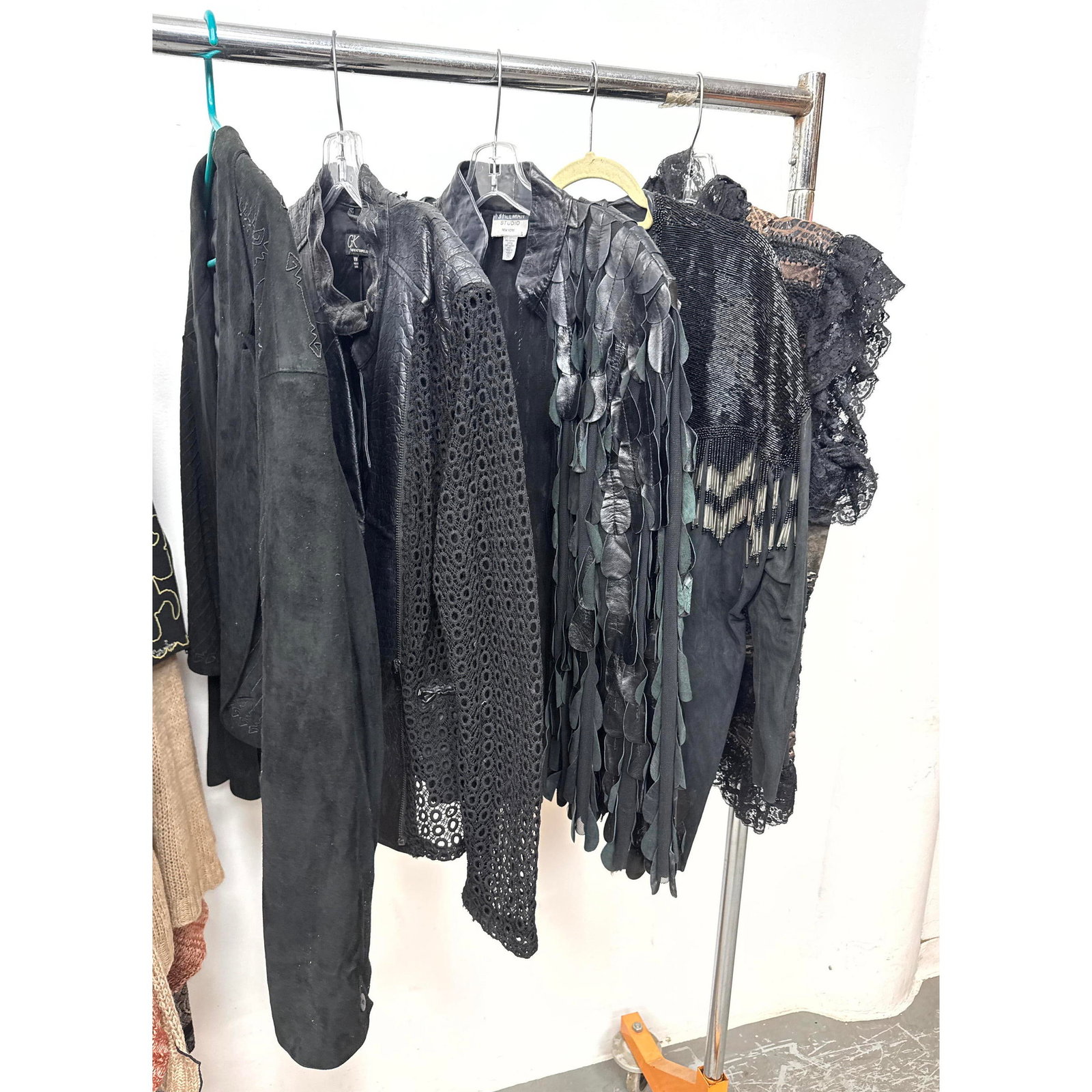 5pcs Vintage Fashion Garments. Clothing. Claude Montana pour Ideal Cuir suede jacket, a George Kotsi: 5pcs Vintage Fashion Garments. Clothing. Claude Montana pour Ideal Cuir suede jacket, a George Kotsiopoulos mixed-media moto jacket, a Stillman Studio leather petal jacket, a Designs by Zara Ltd. bead