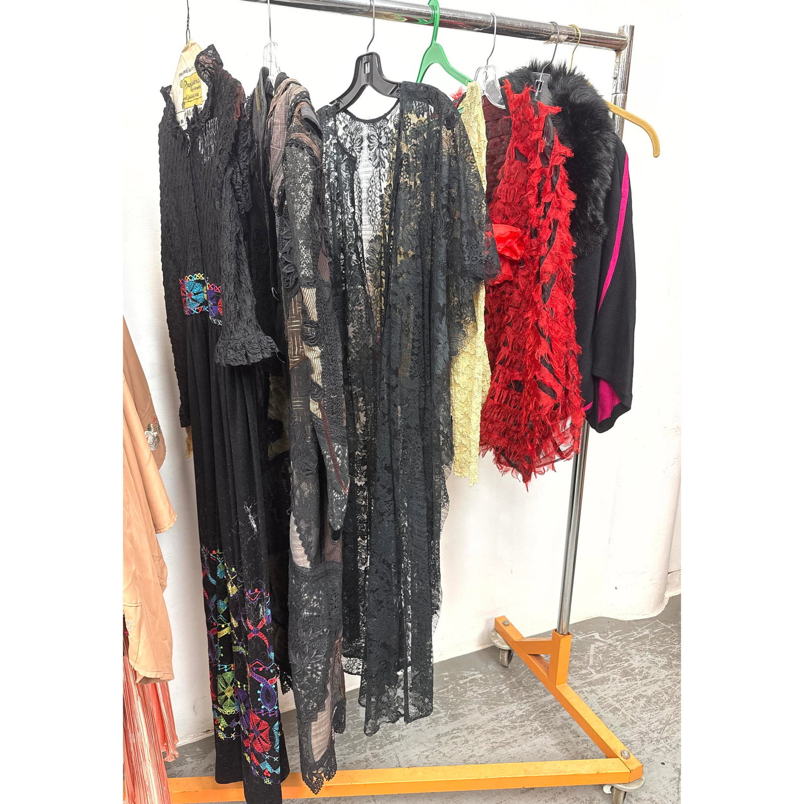 6pcs Vintage Fashion Clothing. Includes a 1970s bohemian-style maxi dress featuring a black crinkled (1 of 12)