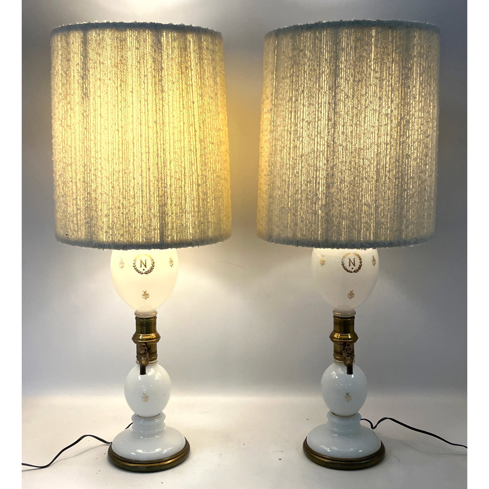 Pair Neoclassical Empire Revival style Table Lamps. Napoleonic . Gold decorated white glass. (1 of 12)
