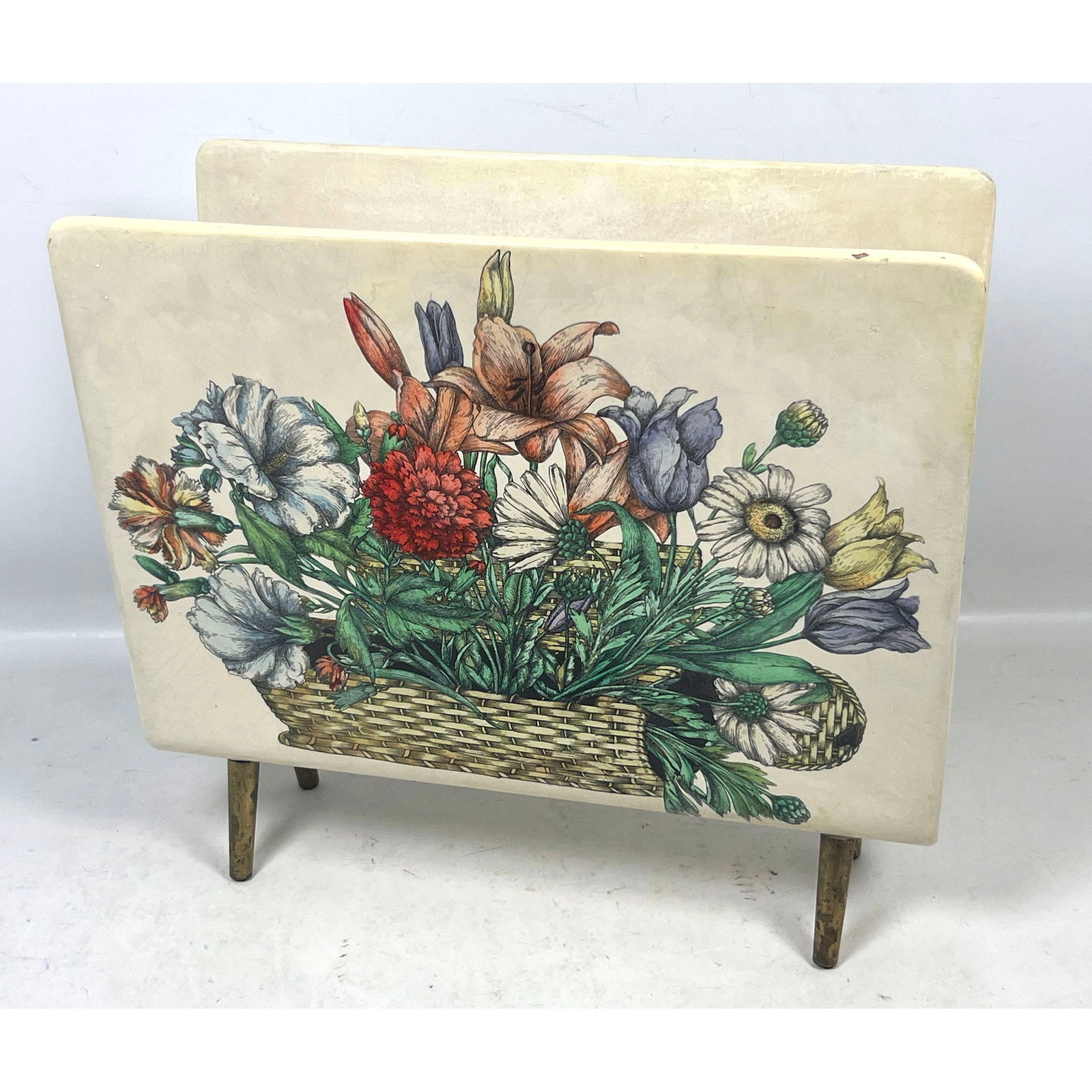 Piero Fornasetti Milano Floral Basket Magazine Rack with Tapered Brass Toned Metal Legs and Lithogra (1 of 12)