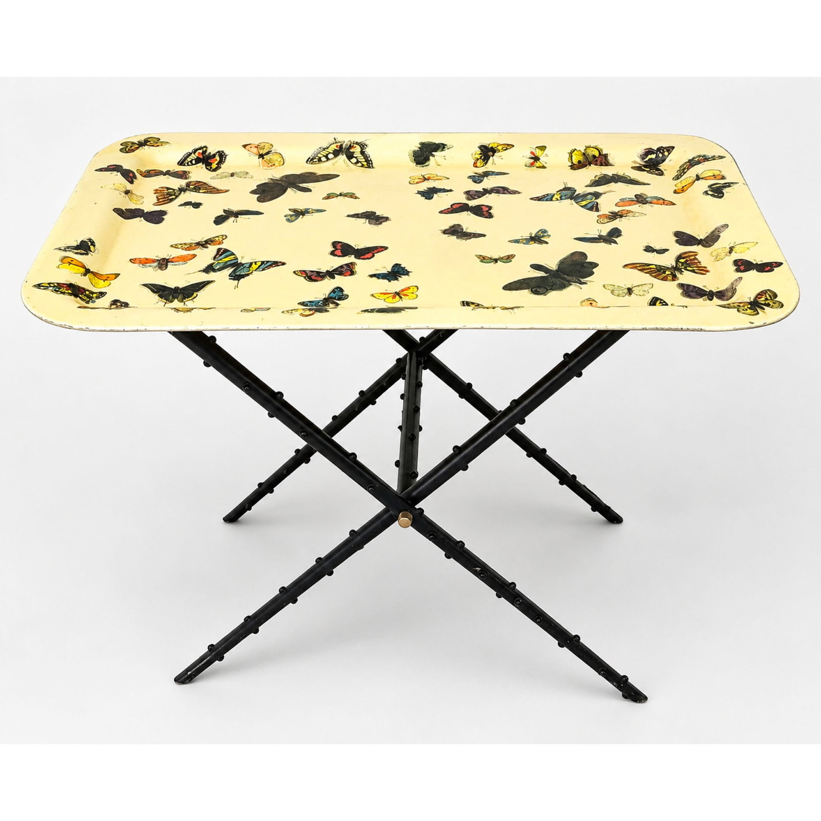 Piero Fornasetti Tray table and Stand with Farfalle Butterfly Motif Lithographed Metal and Greek Key (1 of 12)