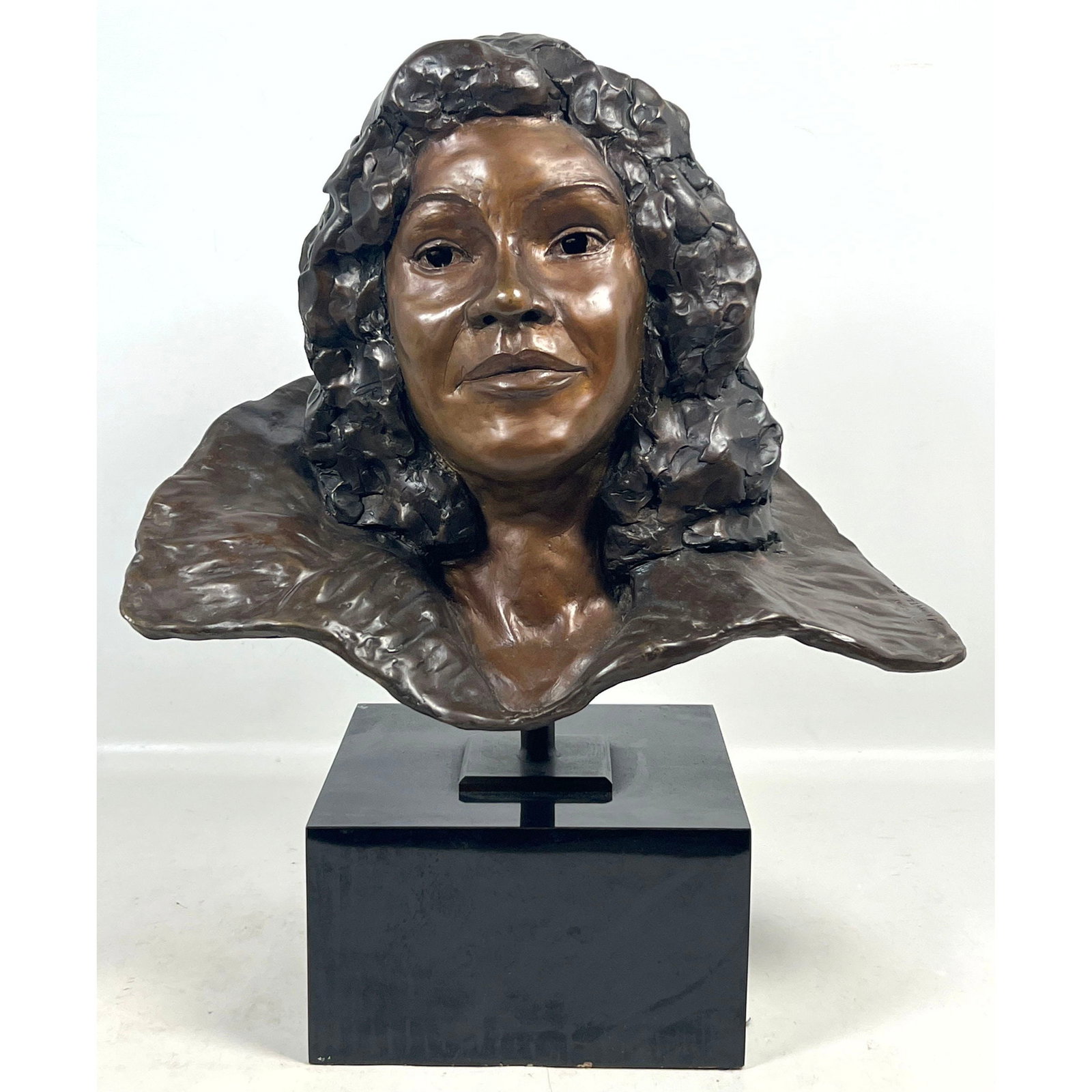 J. Kimmel Bronze Portrait Bust titled Enigma. Dated 89. Life sized sculpture on black pedestal base. (1 of 11)