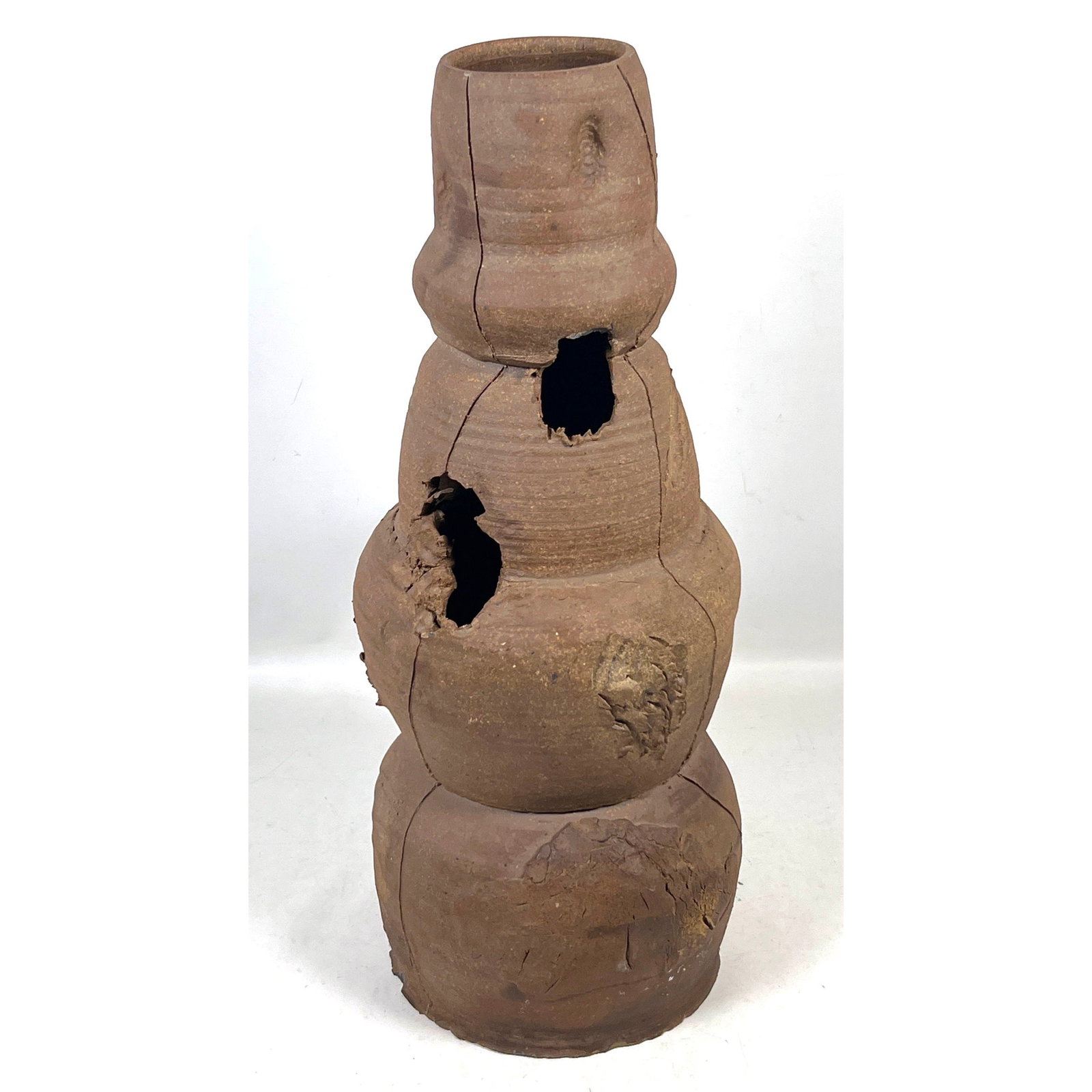 PETER VOULKOS Stack Unglazed Pottery Vase Sculpture. Faint signature.: PETER VOULKOS Stack Unglazed Pottery Vase Sculpture. Faint signature. Dimensions: Height: 23 inches, Width: 8 inches, Depth: 8 inches. --- US Packing and Shipping charge: In house shipping available. 